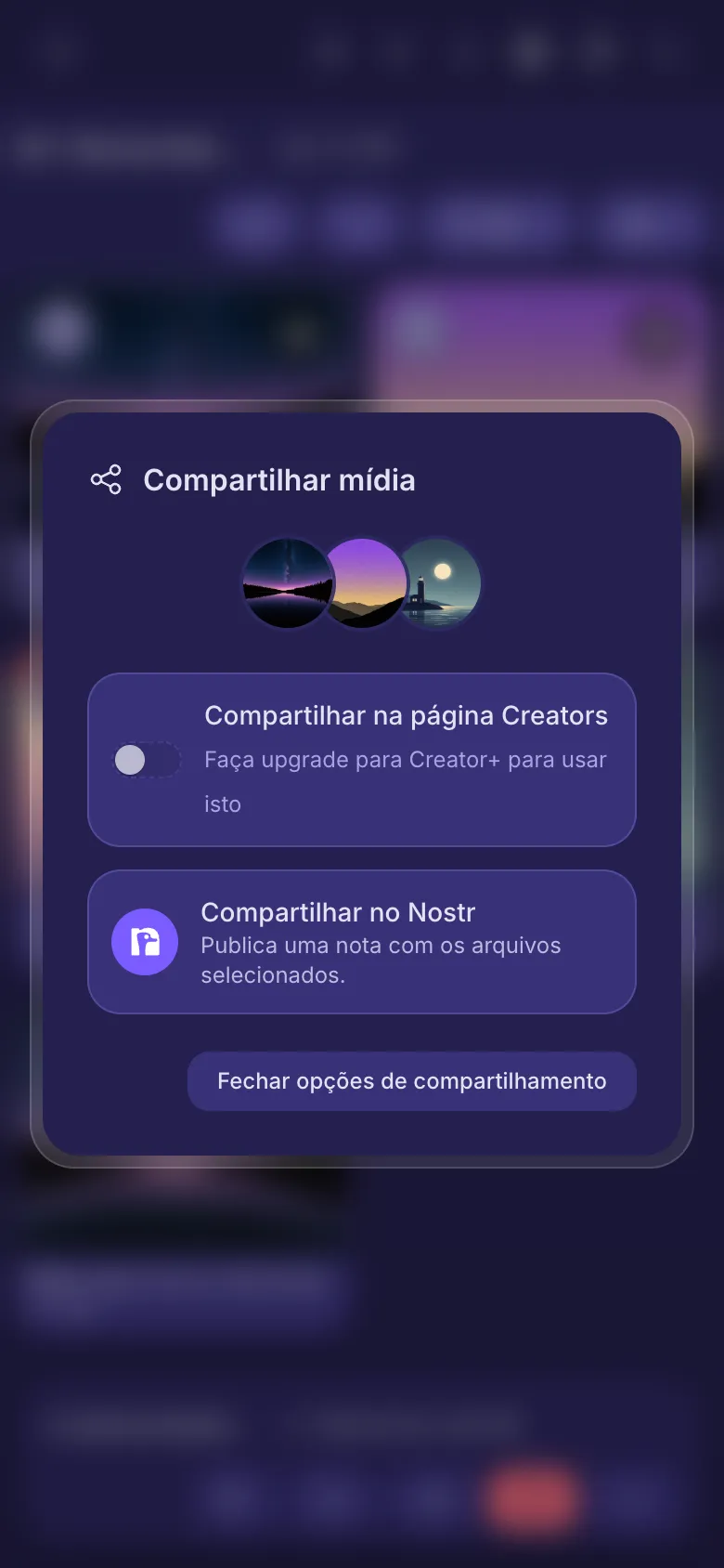 As opções de compartilhamento de três arquivos: a chave da página Creators e Compartilhar no Nostr.