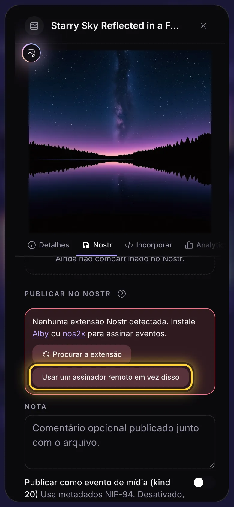 A aba Nostr sem assinador: um aviso com links para Alby e nos2x, e o botão do assinador remoto.