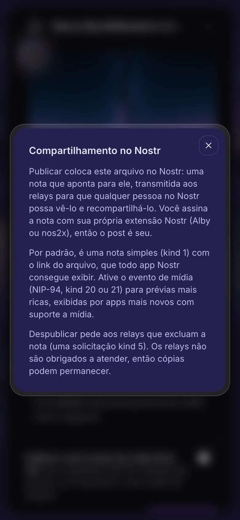 A explicação que abre pelo ponto de interrogação ao lado de Publicar no Nostr.