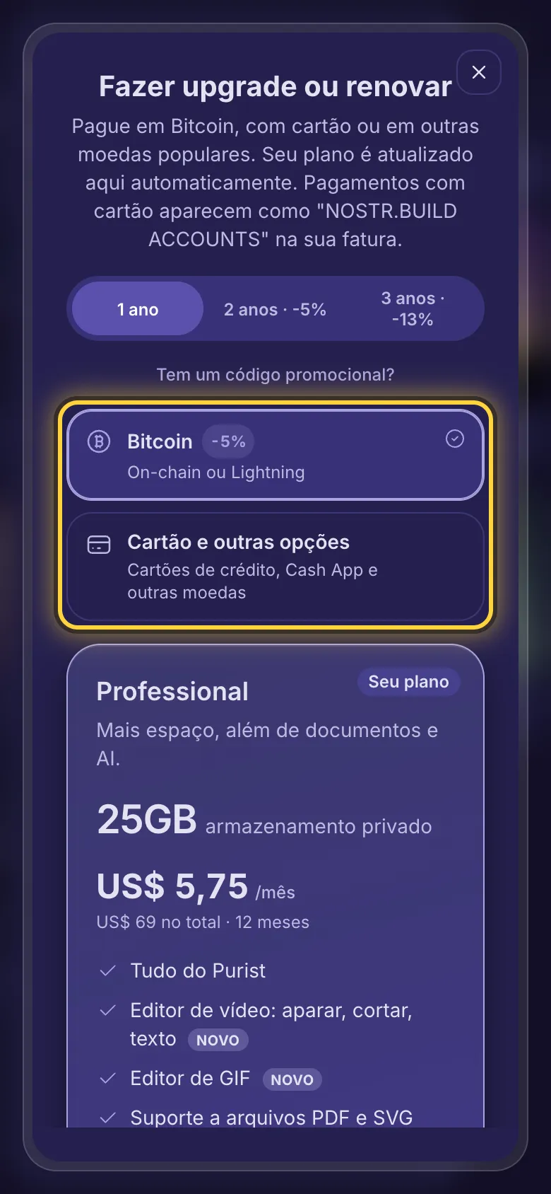A escolha de pagamento: Bitcoin, ou cartão e outras opções.