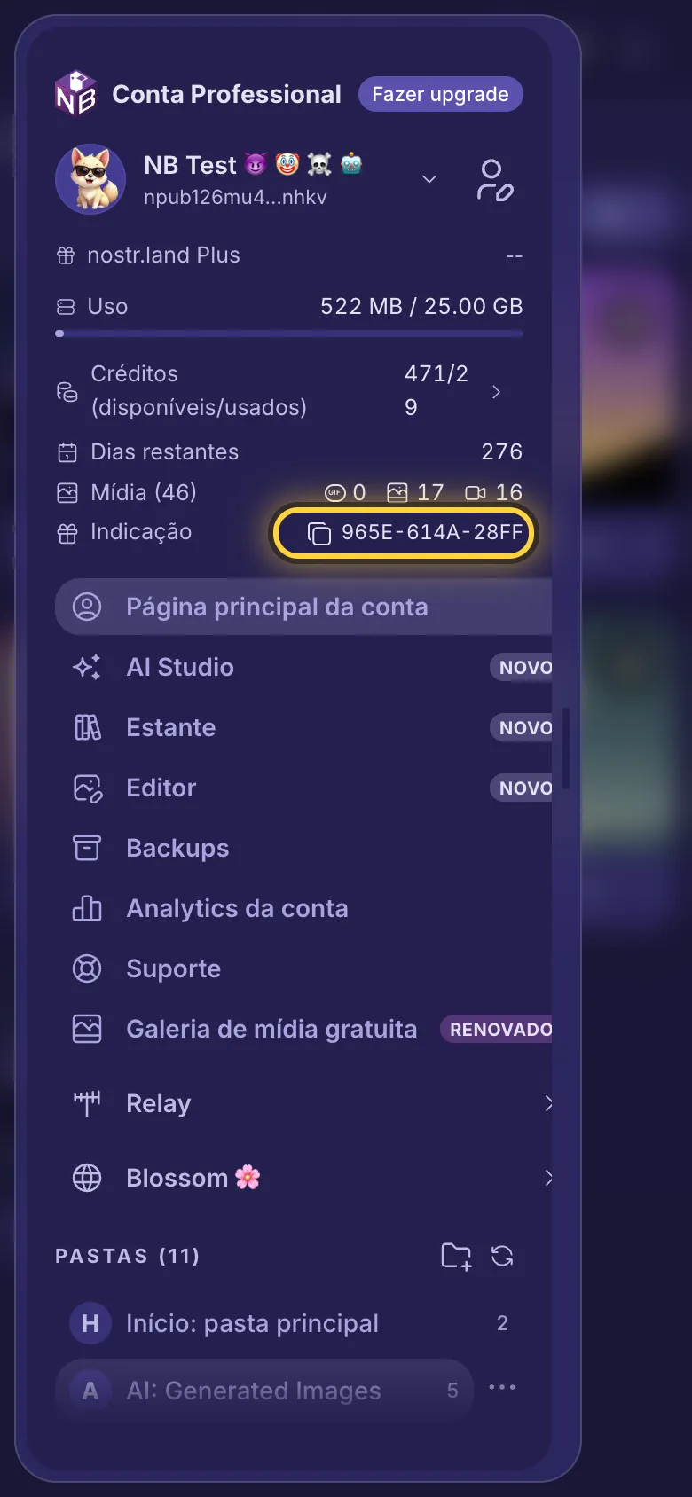 O menu com a linha do link de indicação circulada.