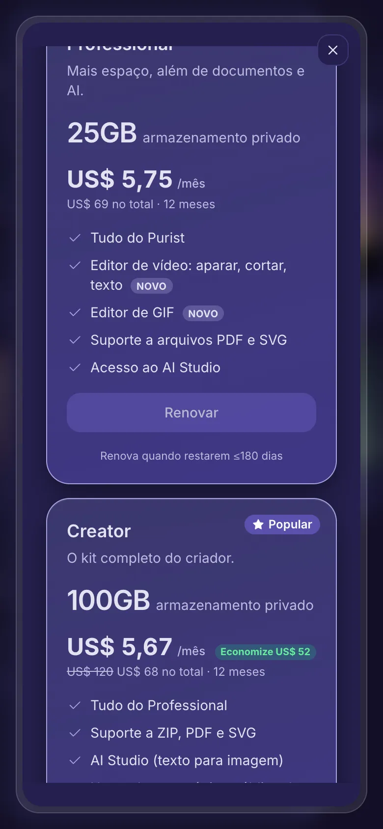 Fazer upgrade ou renovar: seu plano atual com Renovar, e planos maiores com Fazer upgrade.