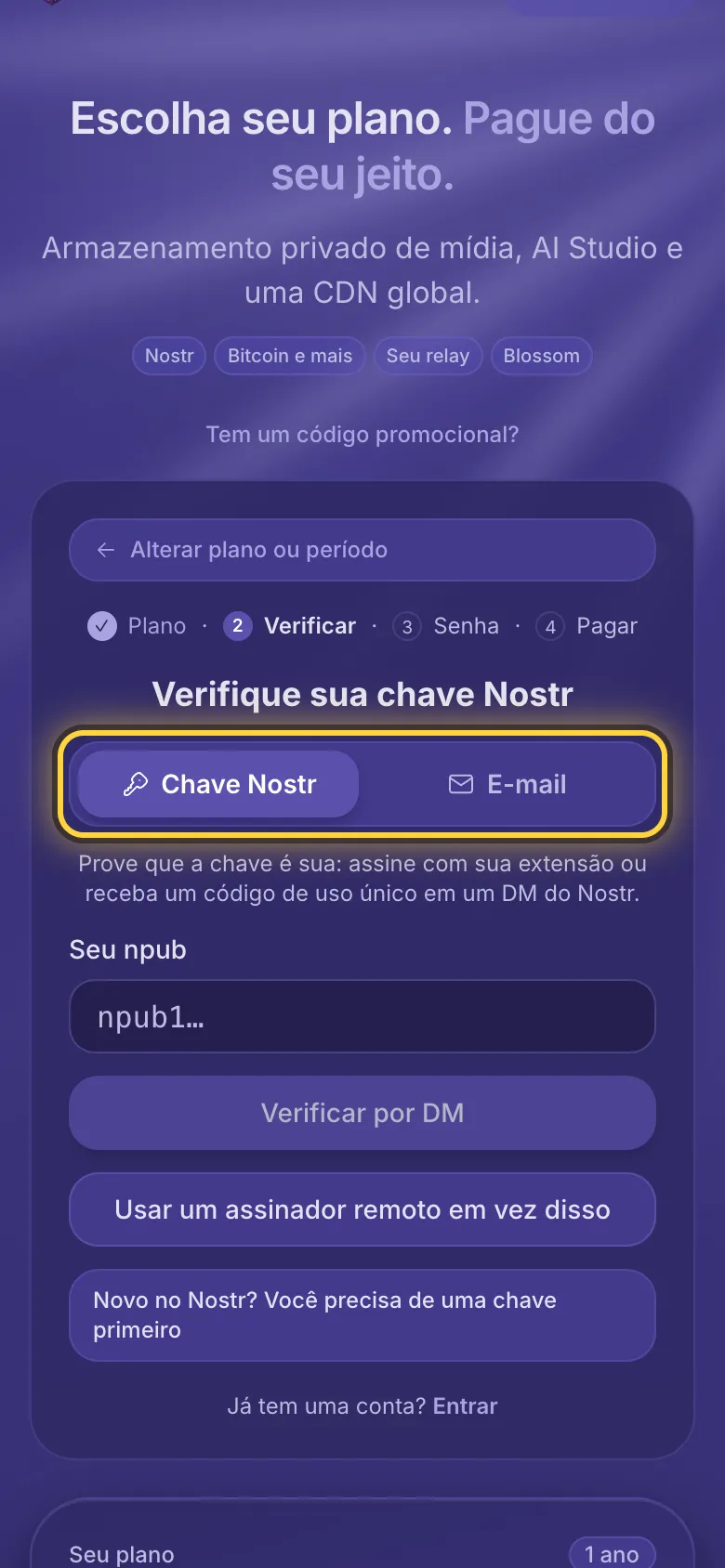 O cadastro: a escolha entre uma chave Nostr e um endereço de e-mail, circulada.
