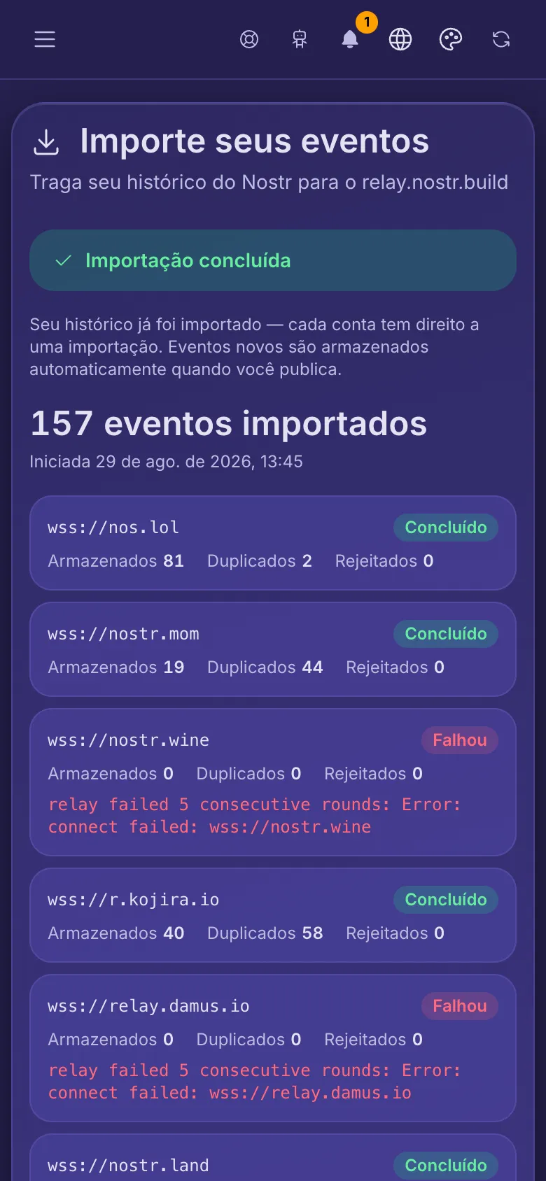 Importar seus eventos: uma importação concluída com uma linha para cada relay de onde copiou.