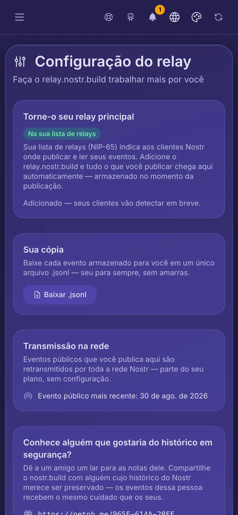 Configuração do relay: o relay já na lista de relays, uma cópia para baixar e a transmissão na rede.