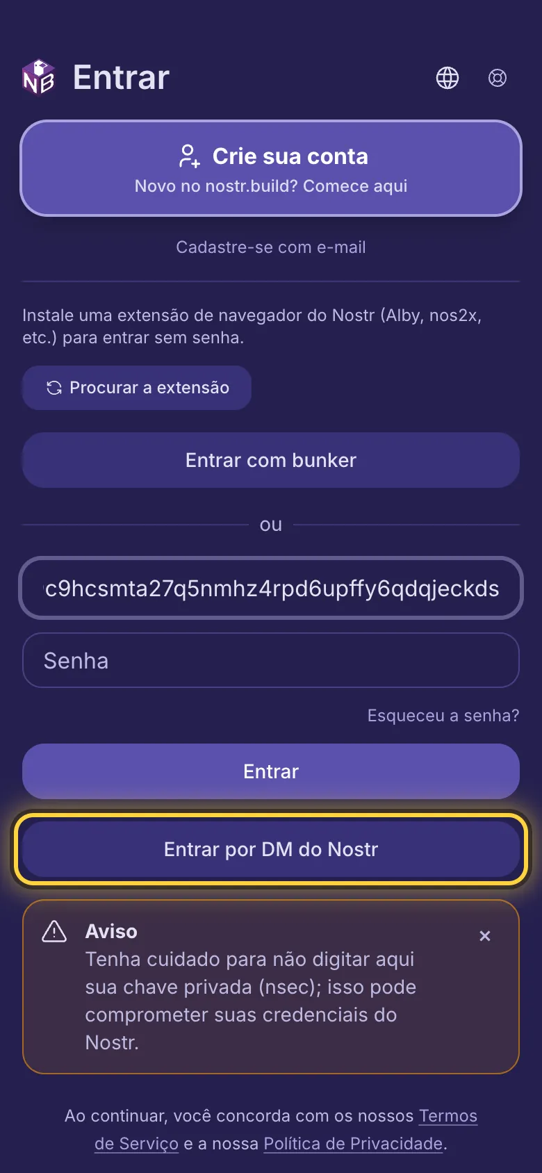 Uma npub digitada no primeiro campo e o botão Entrar por DM do Nostr circulado.