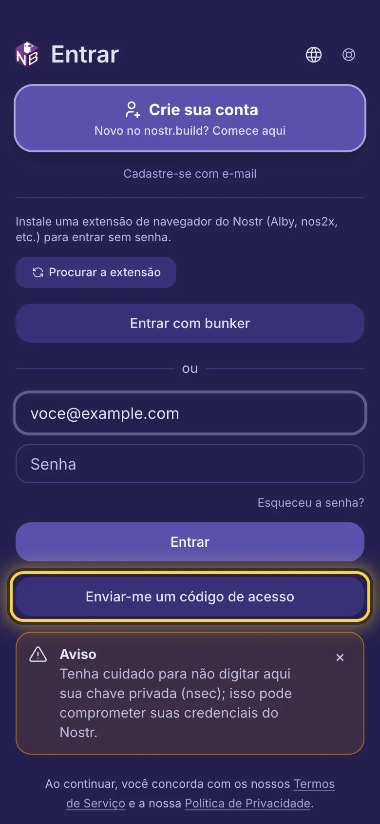 Um endereço de e-mail digitado no primeiro campo e o botão Enviar-me um código de acesso circulado.