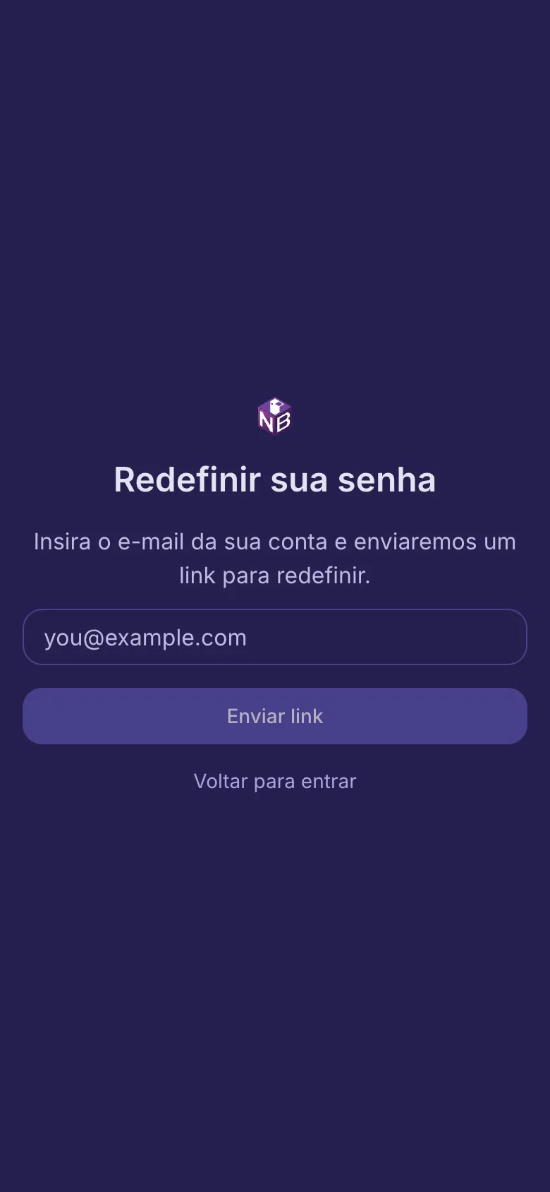 A página Redefinir sua senha com um campo para o seu e-mail.