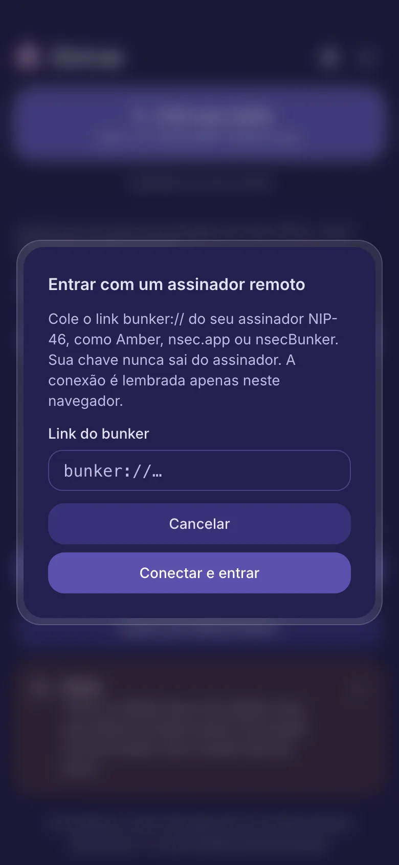 A janela do assinador remoto com um campo para o link bunker.