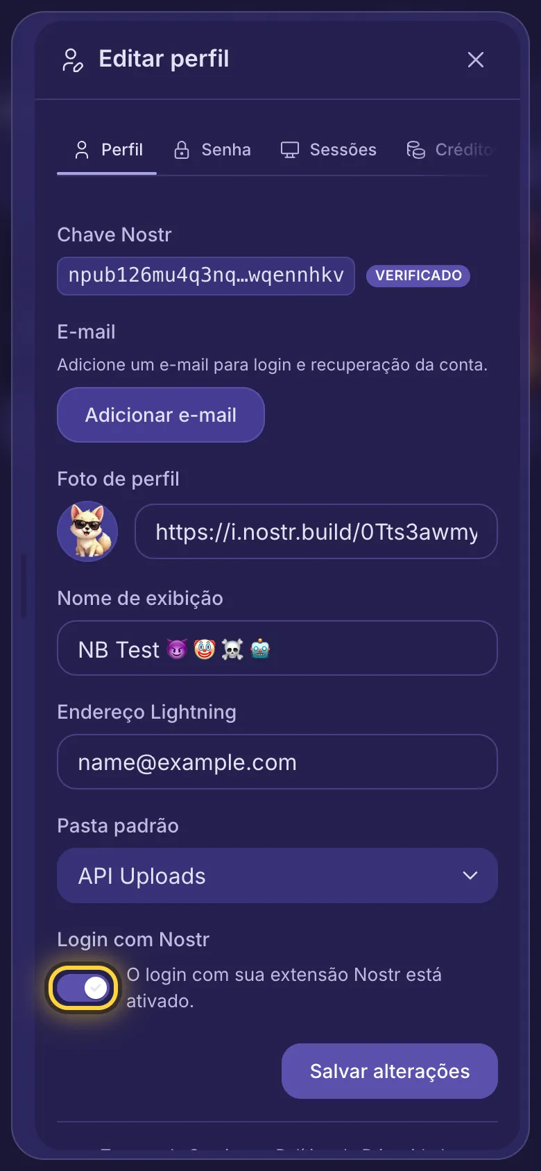 Editar perfil, com o interruptor Login com Nostr e Salvar alterações.