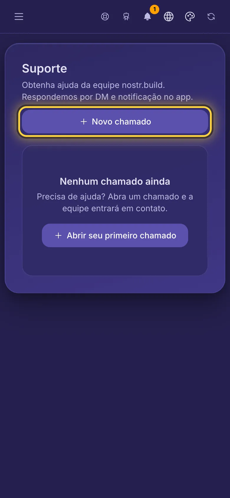 A página de suporte, ainda sem chamados.