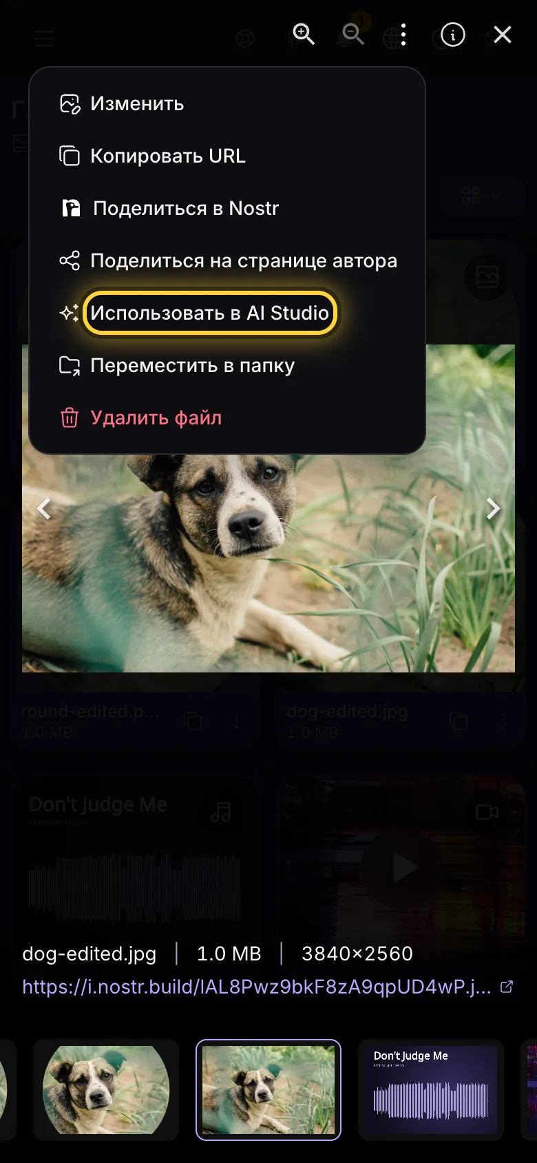 Изображение на весь экран, открыто меню «Действия», отмечен пункт «Использовать в AI Studio».