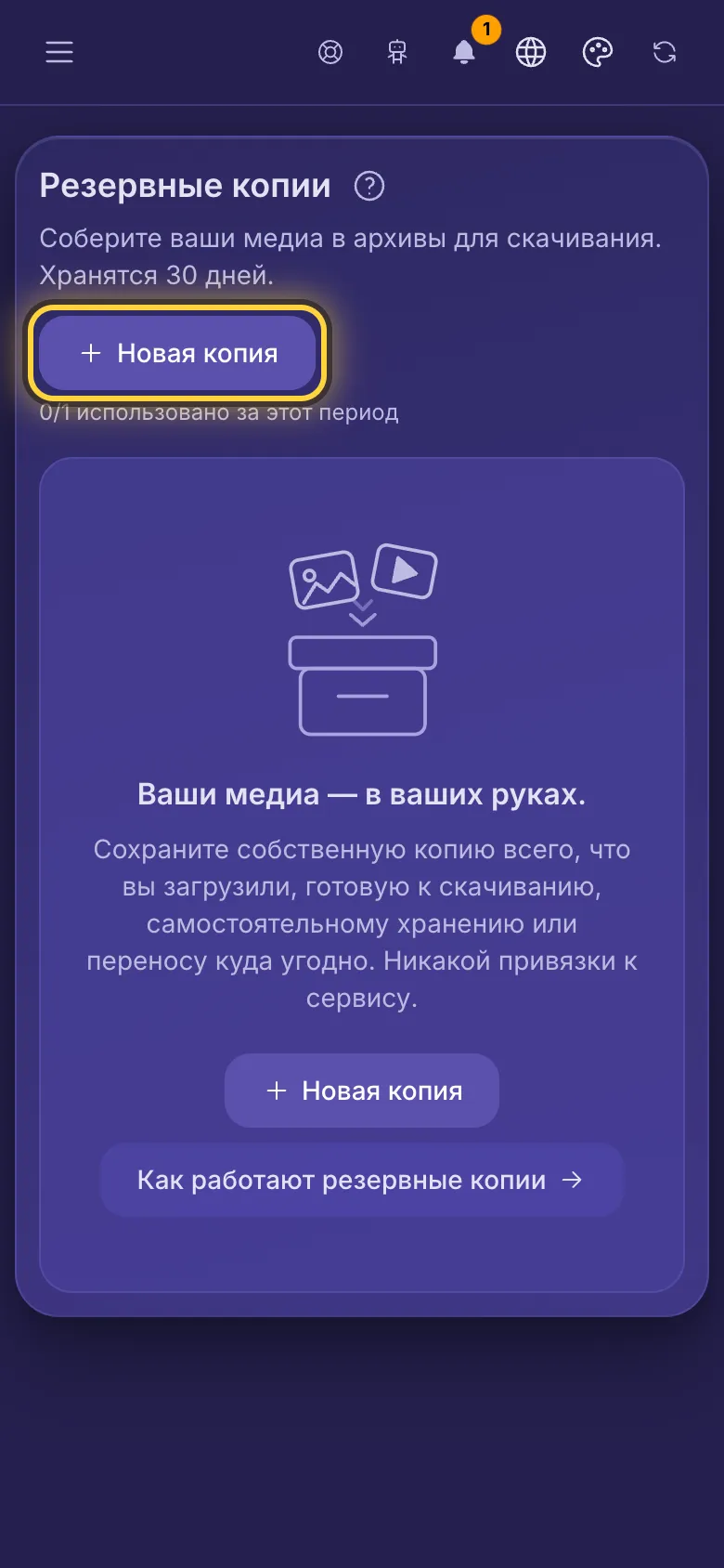 Раздел «Резервные копии» с кнопкой «Новая копия» и числом копий, оставшихся в этом периоде.