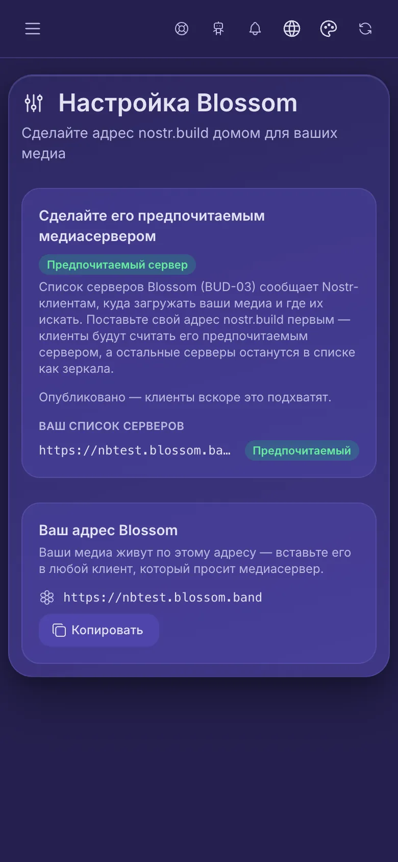 Настройка Blossom: ваш список серверов, где ваш адрес отмечен как предпочитаемый, и ваш адрес Blossom для копирования.