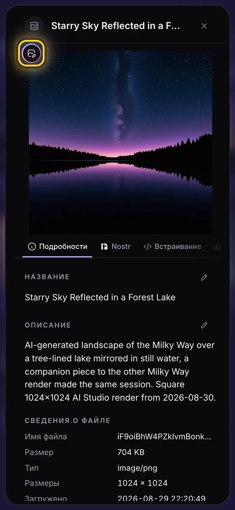 Подробности изображения, круглая кнопка Изменить обведена