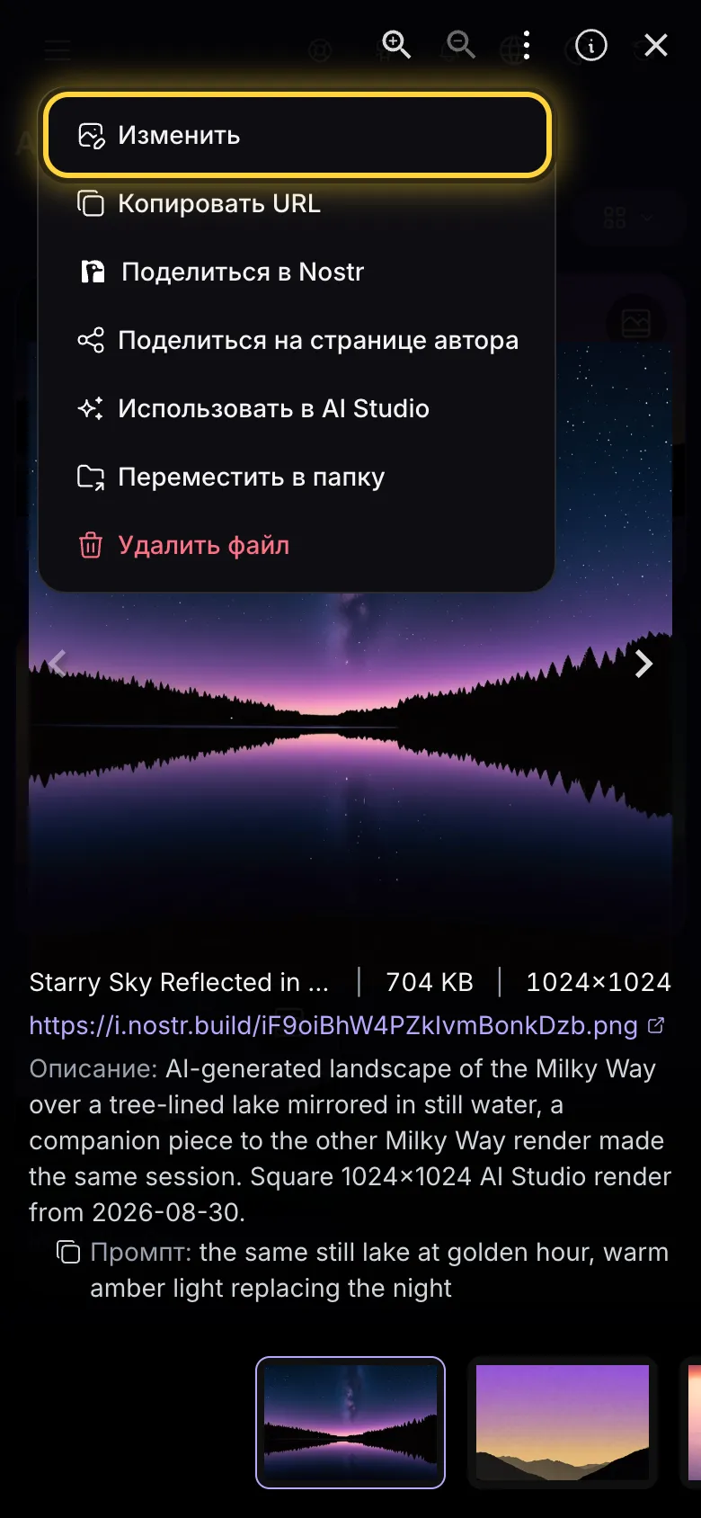 Полноэкранный просмотр с открытым меню, пункт Изменить обведён