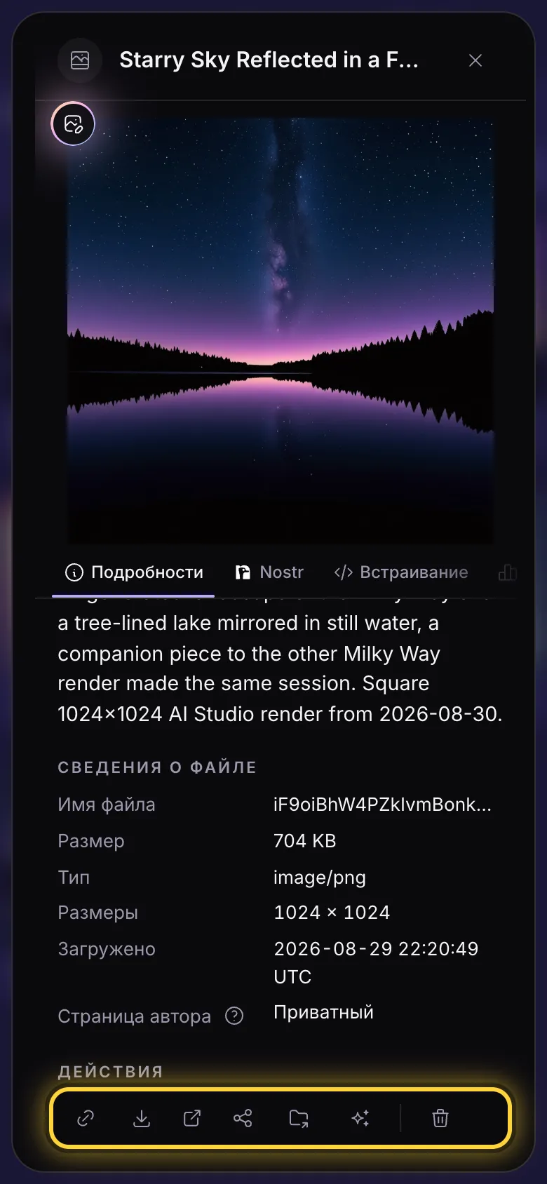 Ряд кнопок внизу подробностей о файле, обведён.