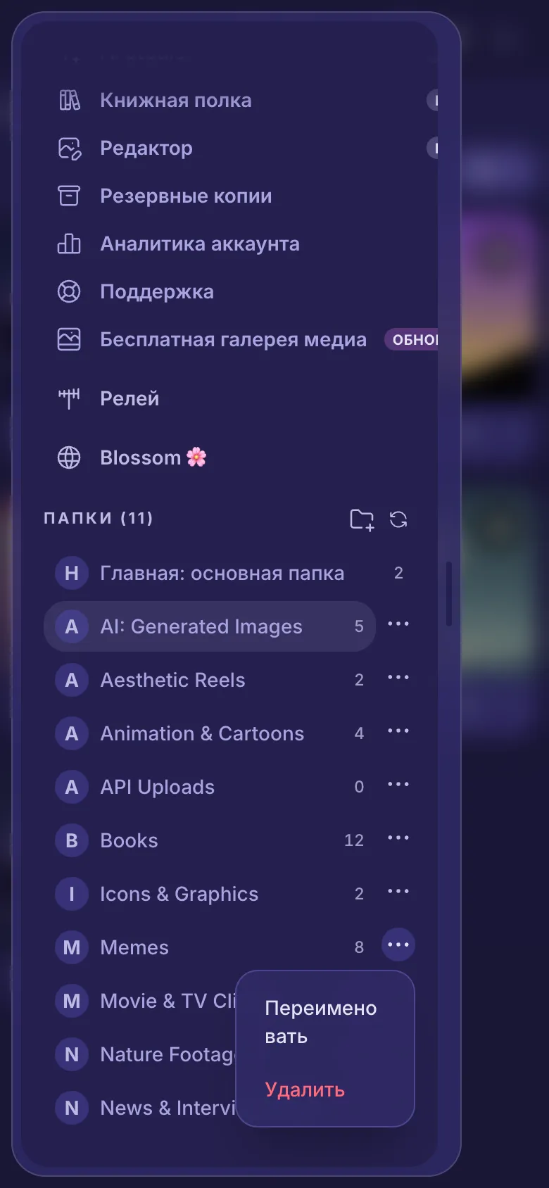 Открыто меню папки с пунктами Переименовать и Удалить.