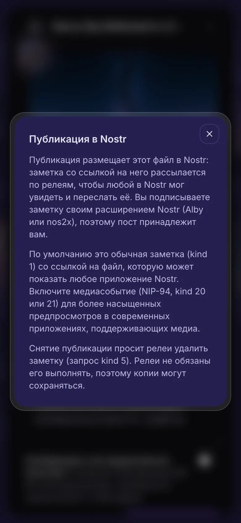 Пояснение, которое открывается по знаку вопроса рядом с «Опубликовать в Nostr».