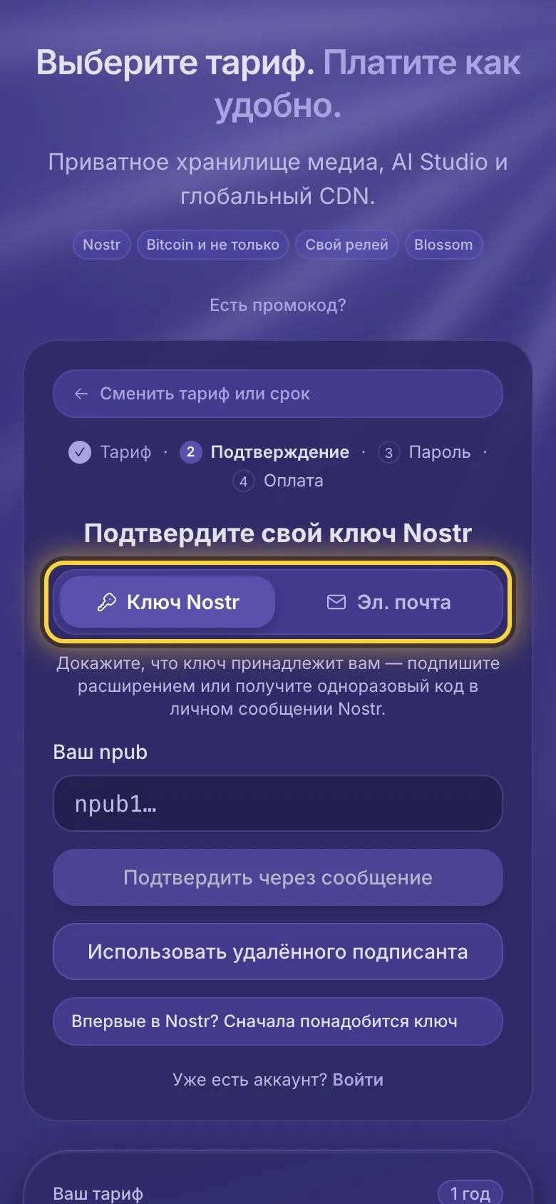 Регистрация: выбор между ключом Nostr и адресом эл. почты обведён.
