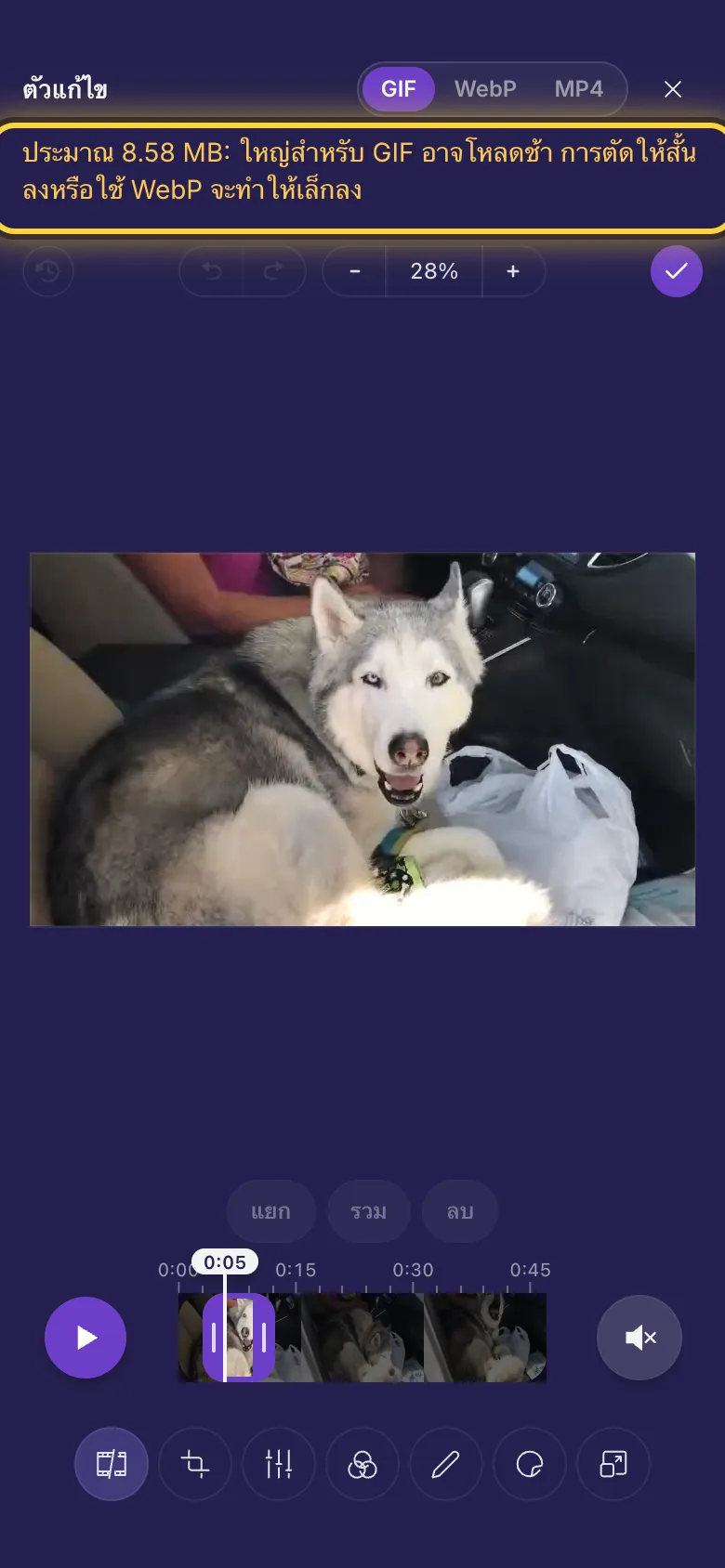 ข้อความที่ด้านบนของตัวแก้ไขซึ่งเตือนว่า GIF มีขนาดใหญ่