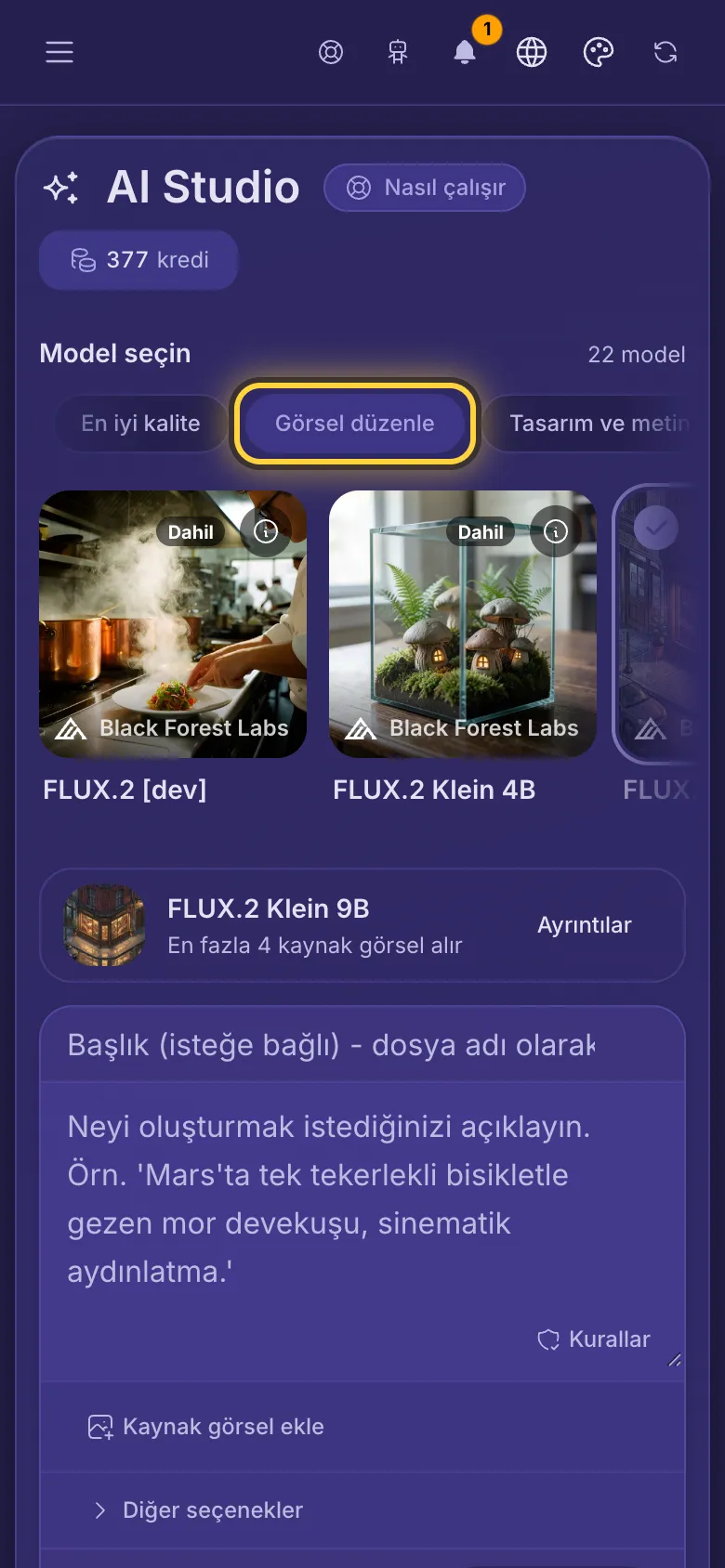 Görsel düzenle filtresi açık ve kartlar, bir görseli değiştirebilen modelleri fiyatlarıyla gösteriyor.