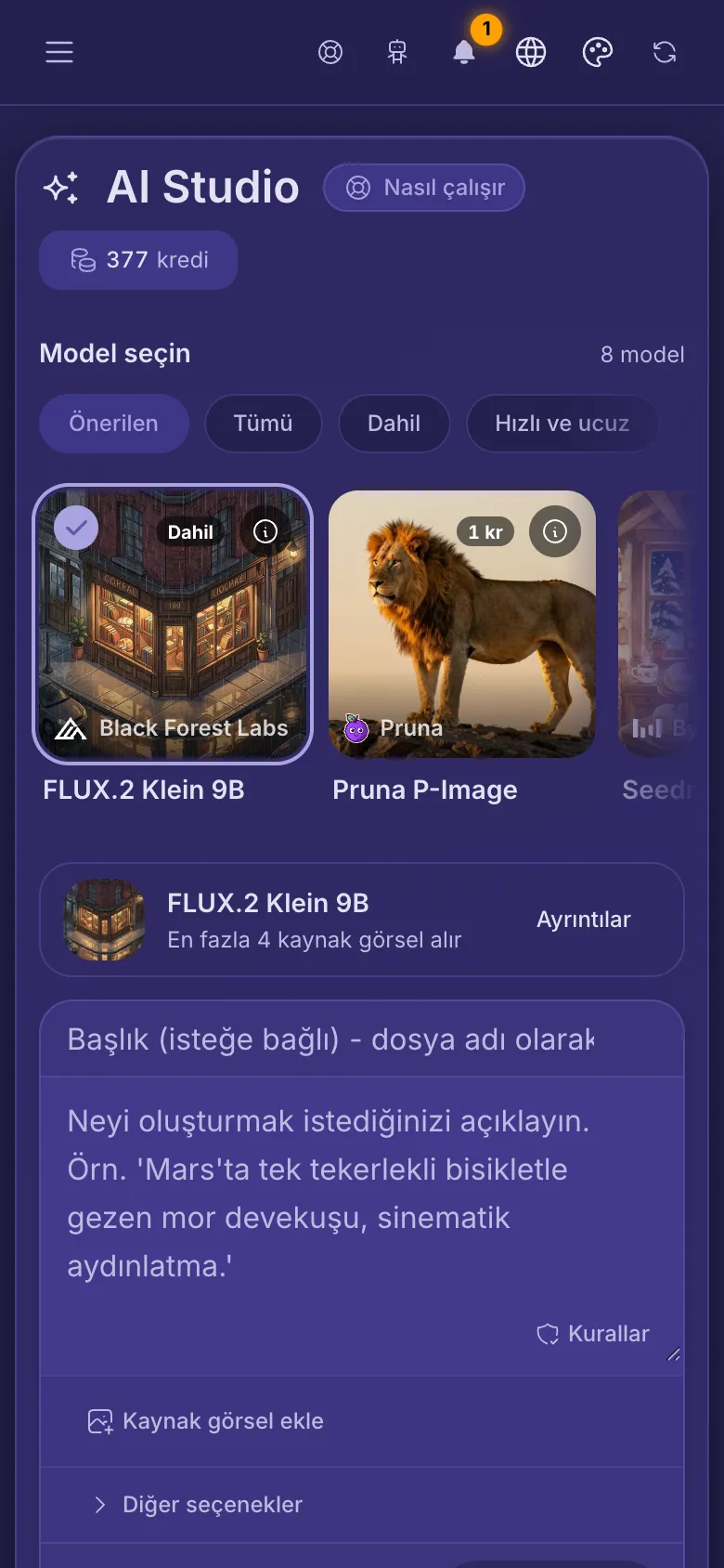 Telefonda AI Studio: üstte modeller, istem kutusu ve Oluştur düğmesi.