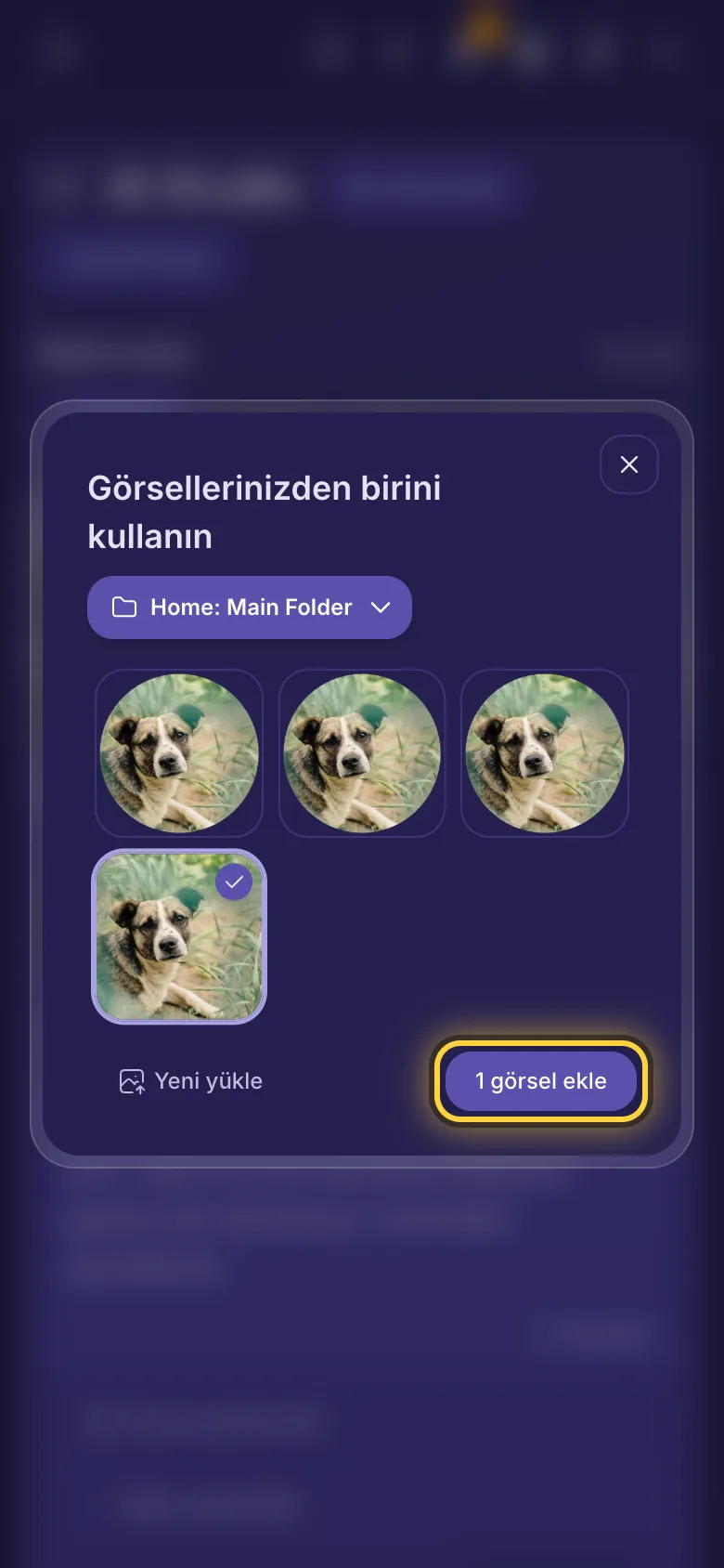 Görsellerinizden birini kullanın: bir klasördeki görseller, klasör menüsü, Yeni yükle ve ekleme düğmesi.