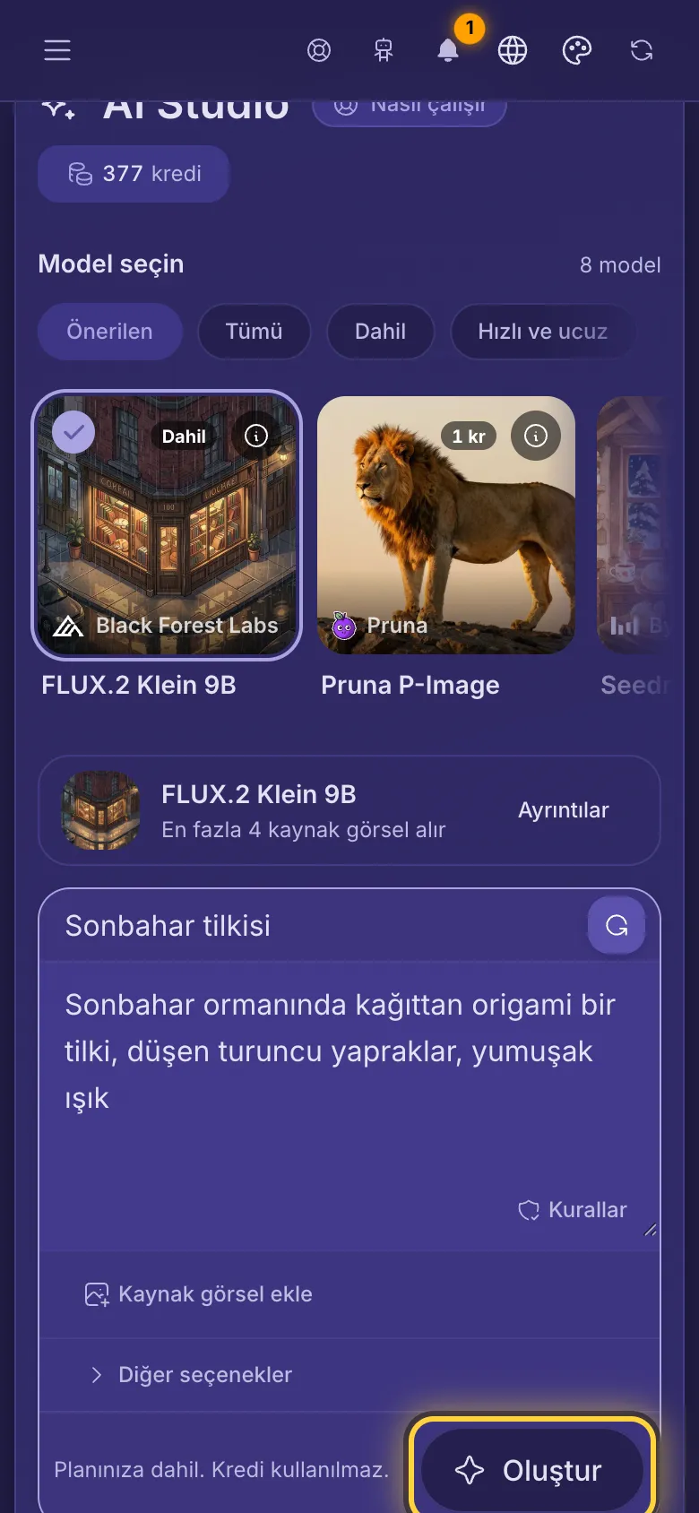 Kutuya yazılmış bir istem, fiyat satırı ve Oluştur düğmesi.