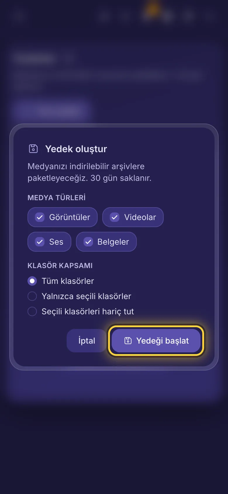 Yedek oluşturma: dahil edilecek medya türleri ve klasörler.