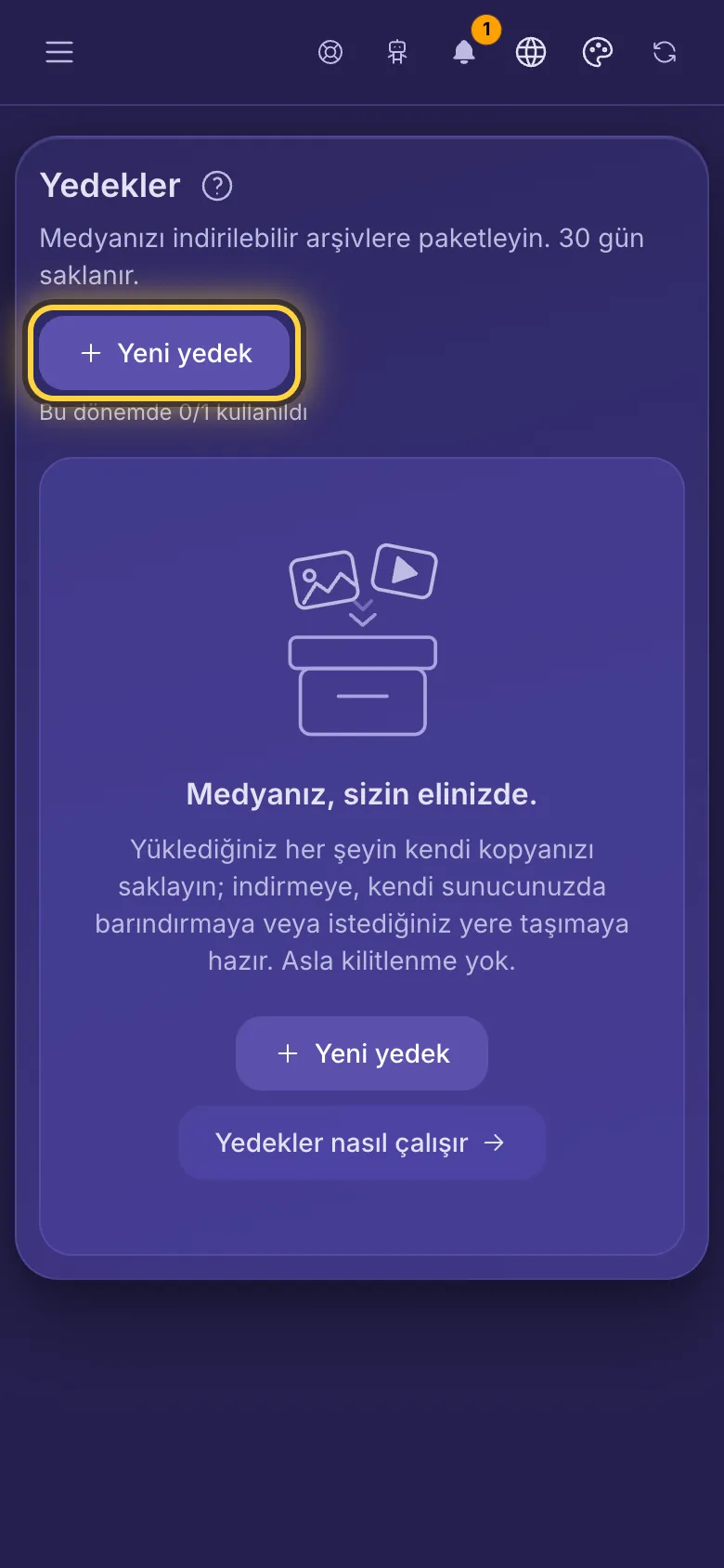 Yedekler, Yeni yedek düğmesi ve bu dönemde kalan yedek sayısıyla.