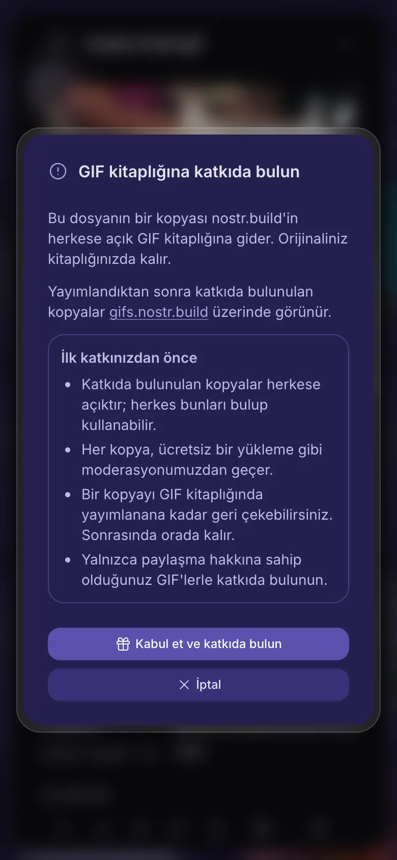 Kabul etmeden önce, bir GIF'i kitaplığa katkı olarak vermenin anlamı