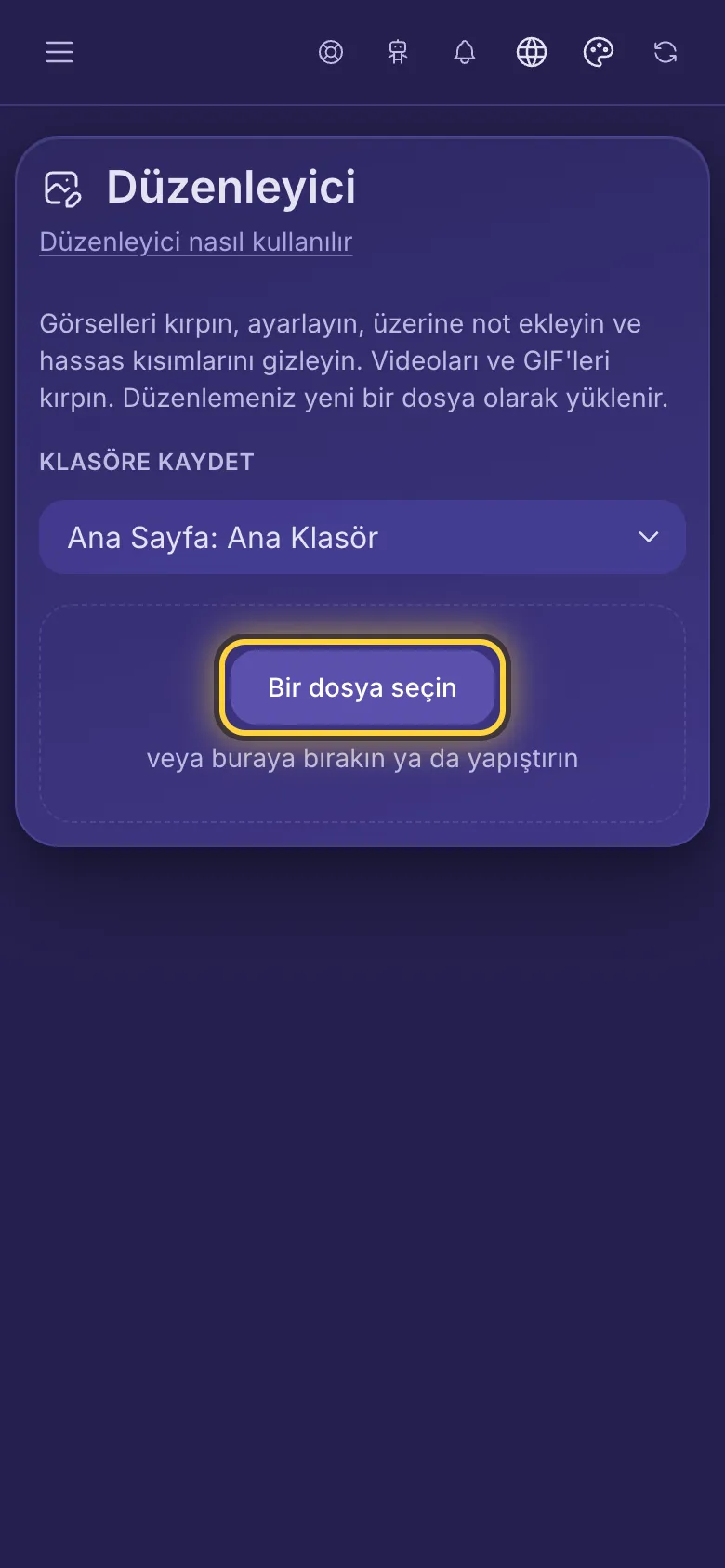 Düzenleyici sayfası, Bir dosya seçin düğmesi daire içine alınmış