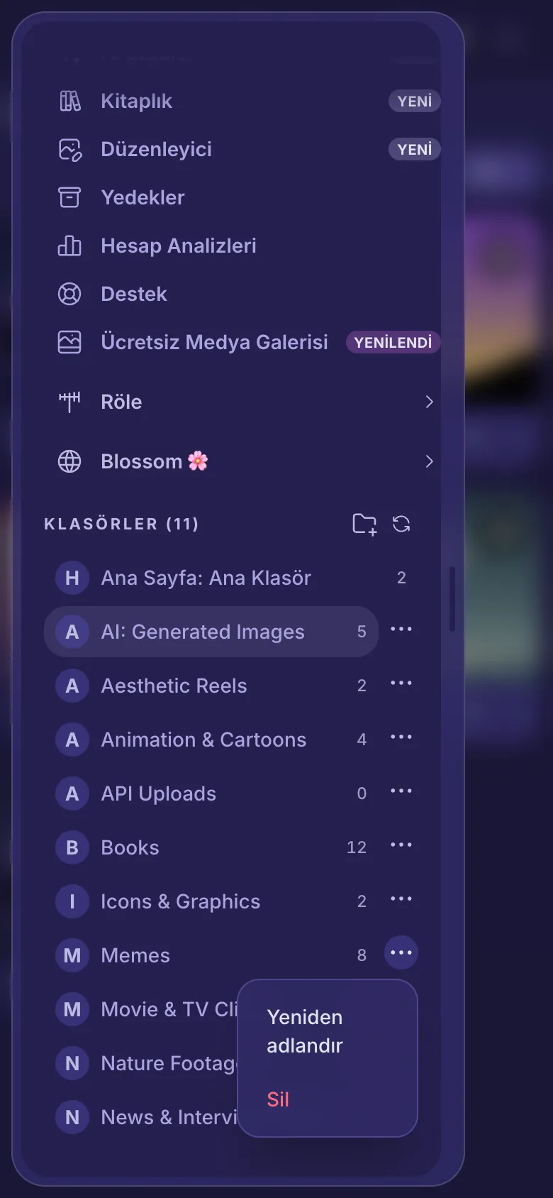 Bir klasörün menüsü açık, Yeniden adlandır ve Sil görünüyor.