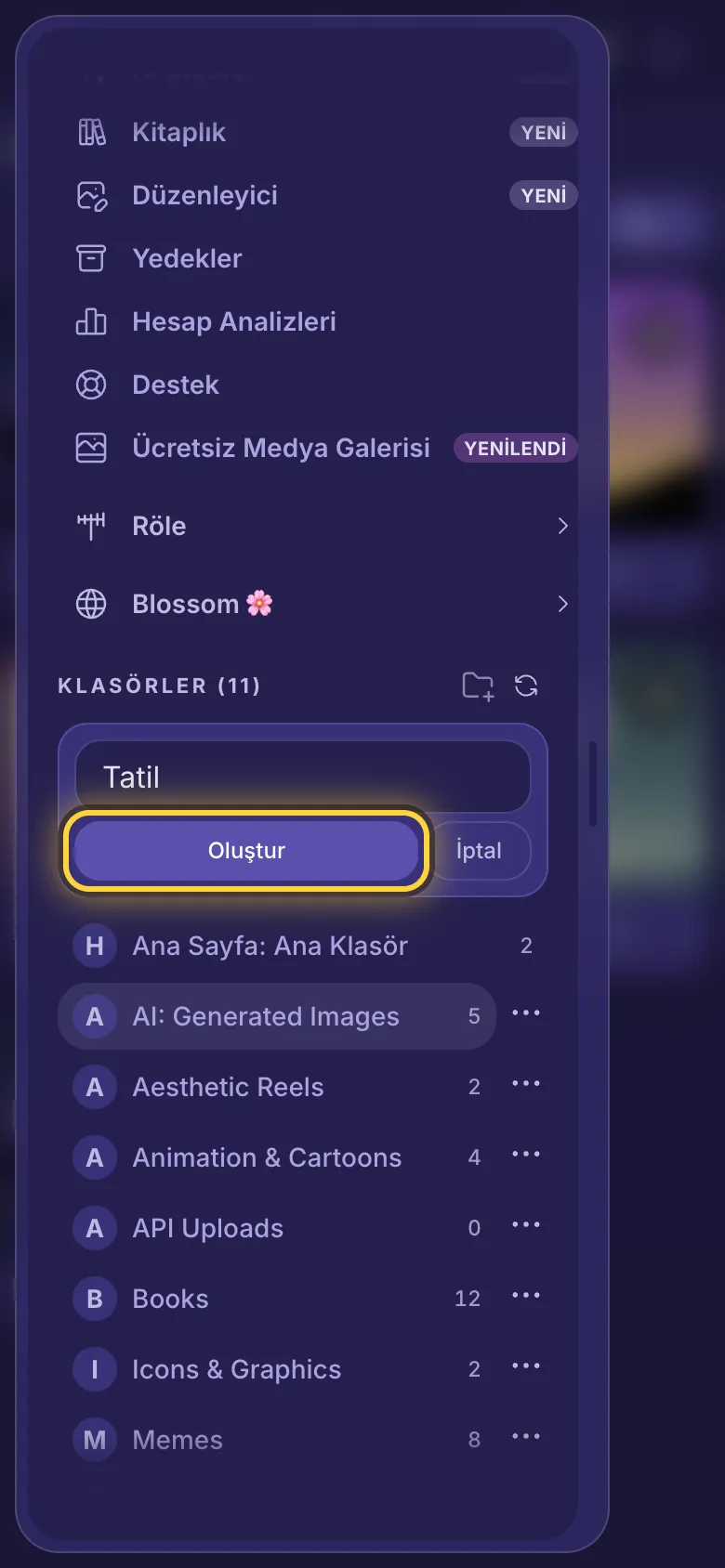 Menü klasörlere kadar kaydırılmış, yeni bir klasörün adı yazılmış ve Oluştur düğmesi daire içine alınmış.