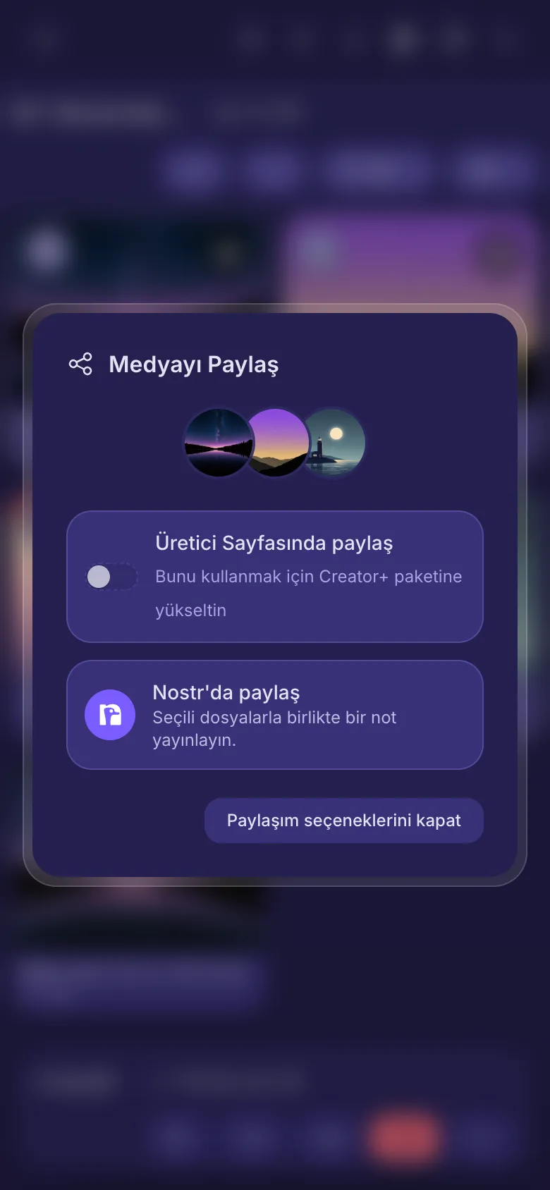 Üç dosyanın paylaşım seçenekleri: Üretici Sayfası anahtarı ve Nostr'da paylaş.
