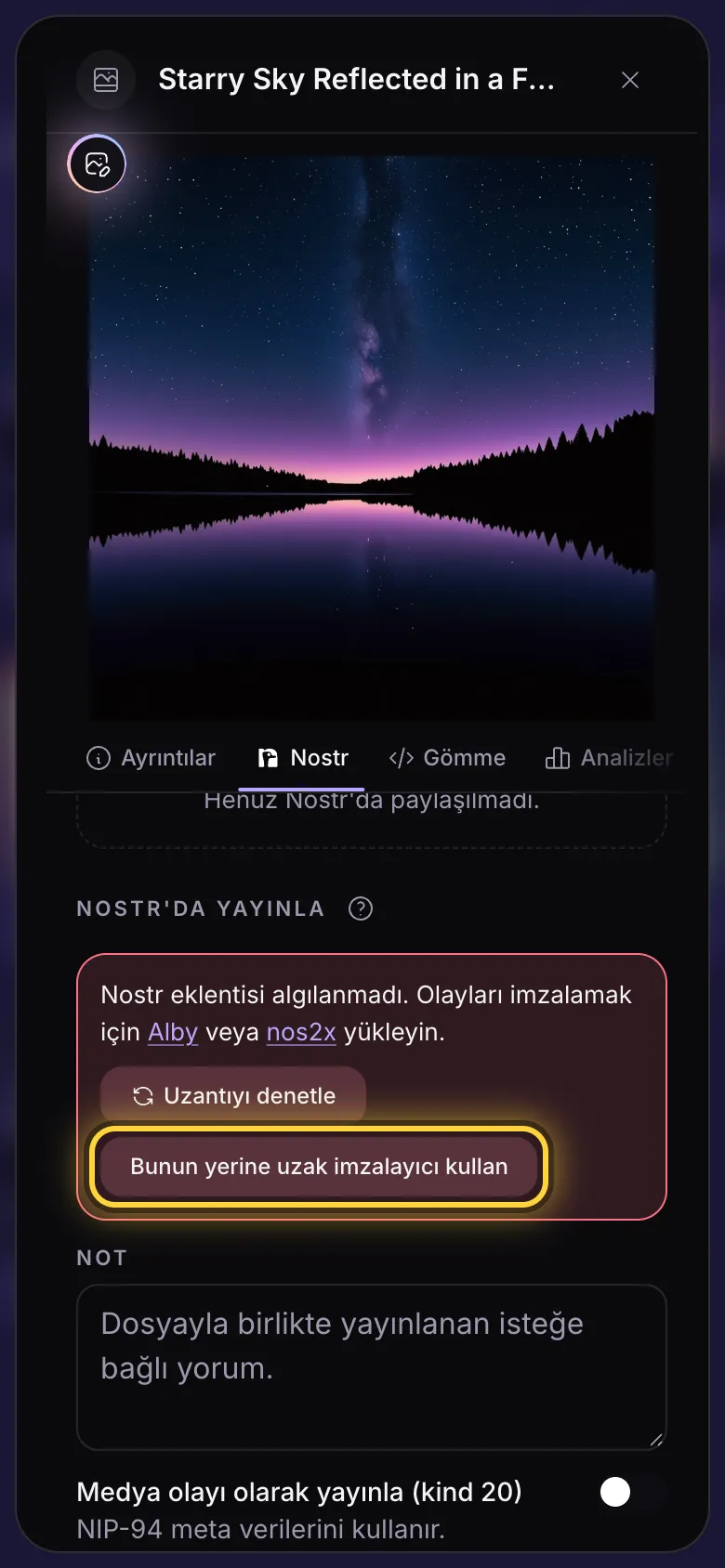 İmzalayıcı olmadan Nostr sekmesi: Alby ve nos2x bağlantılarını içeren bir uyarı ve uzak imzalayıcı düğmesi.