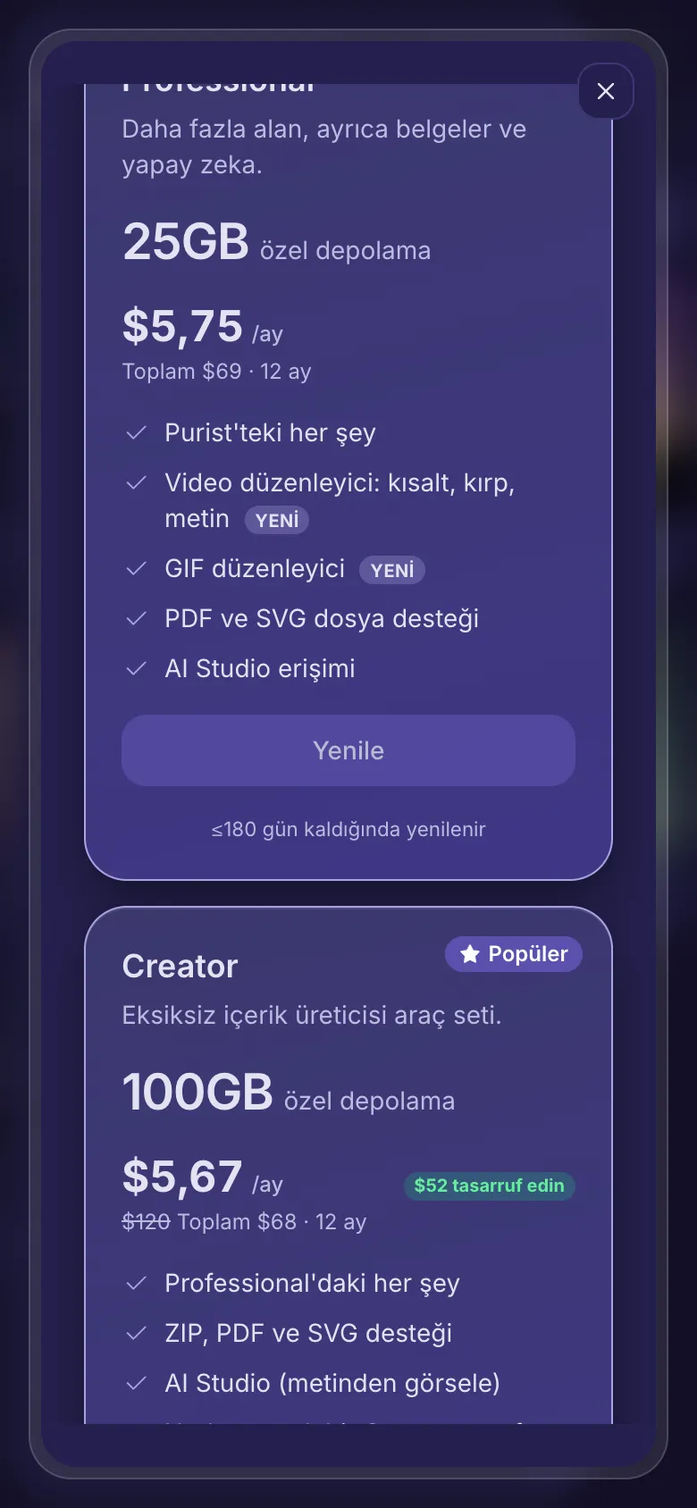 Yükselt veya yenile: mevcut planınız Yenile ile, daha büyük planlar Yükselt ile.