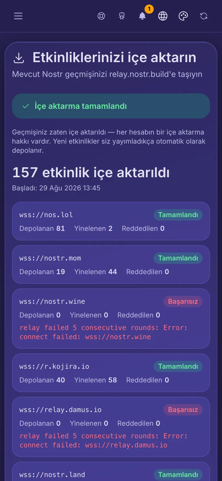 Etkinliklerinizi içe aktarın: kopyaladığı her röle için bir satır bulunan tamamlanmış bir içe aktarma.