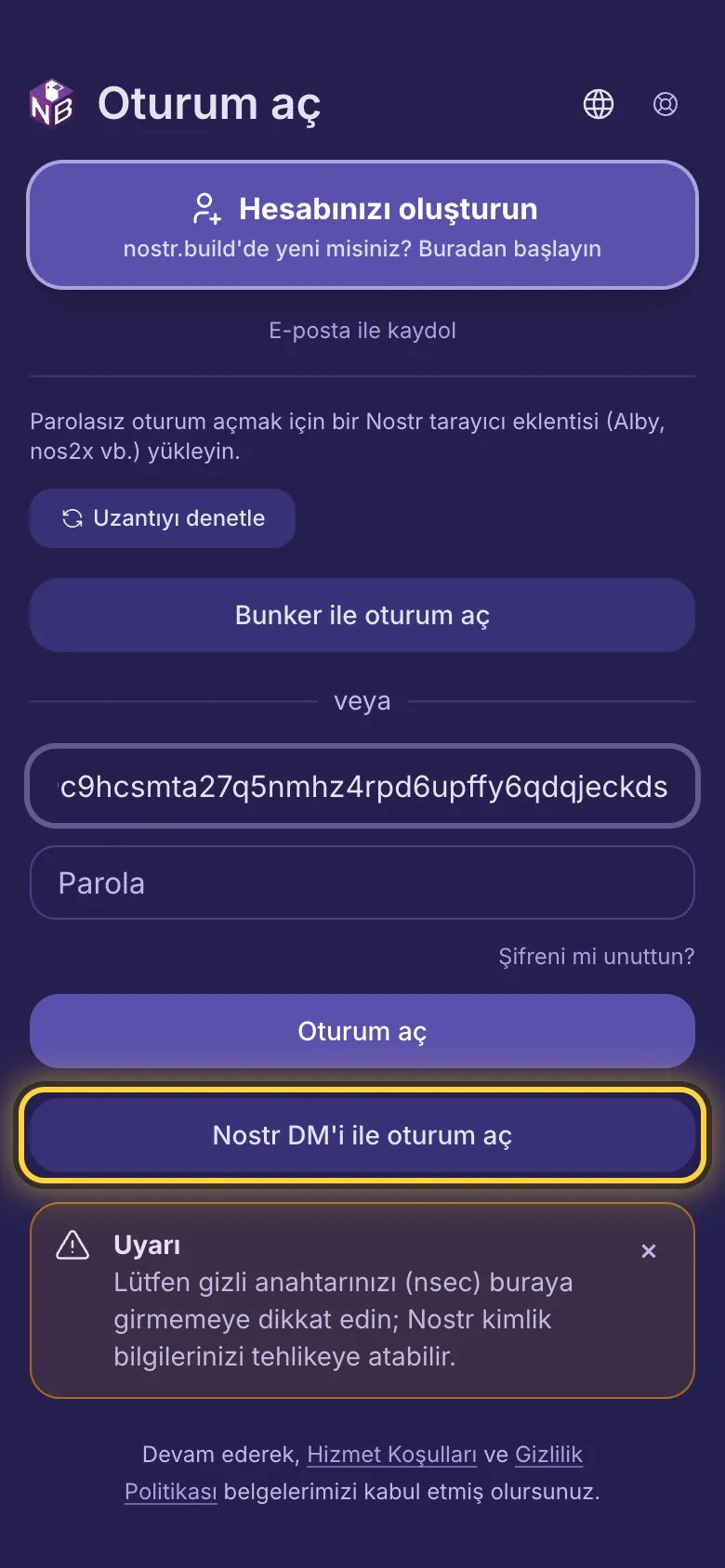 İlk kutuya yazılmış bir npub ve daire içine alınmış Nostr DM'i ile oturum aç düğmesi.