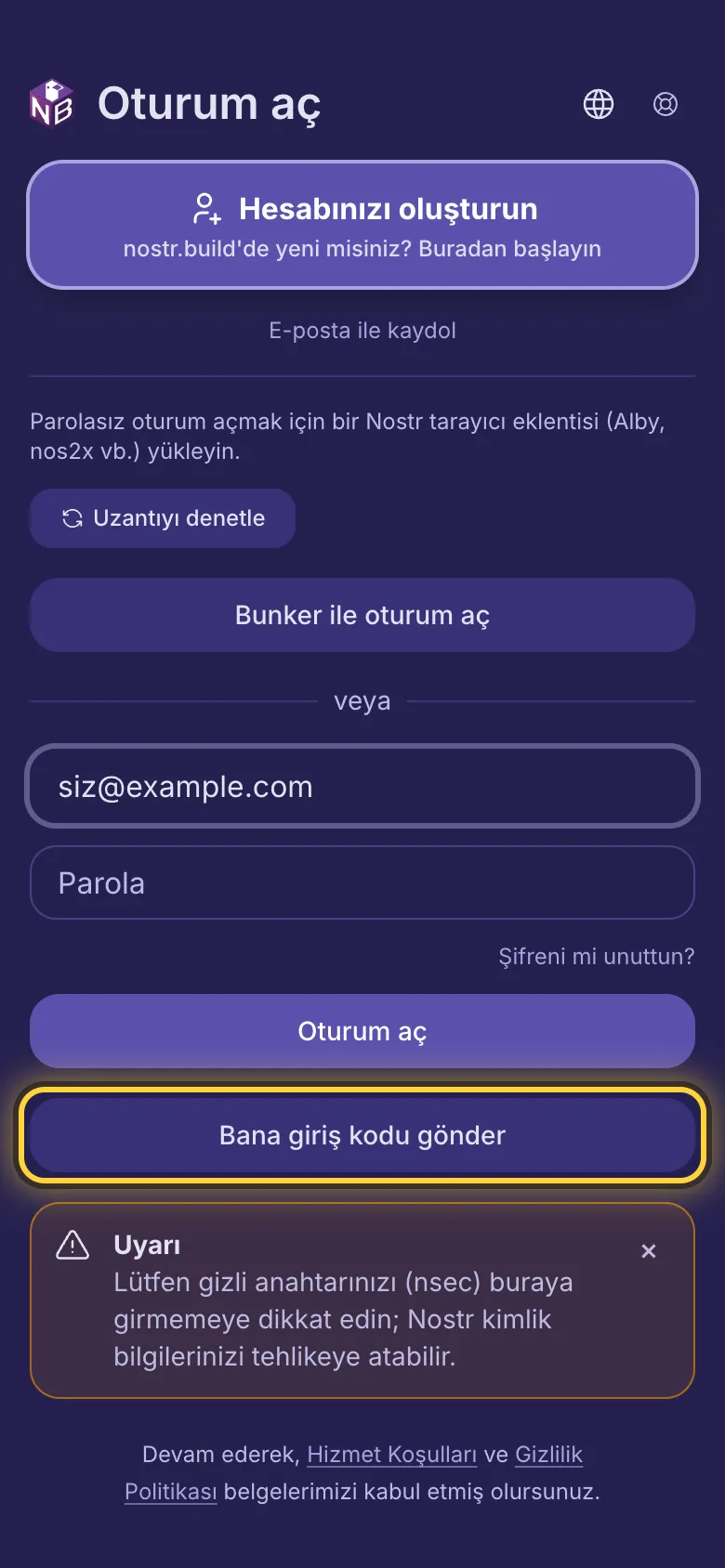 İlk kutuya yazılmış bir e-posta adresi ve daire içine alınmış Bana giriş kodu gönder düğmesi.