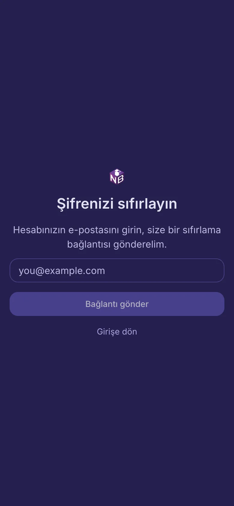 E-postanız için bir kutu içeren parola sıfırlama sayfası.
