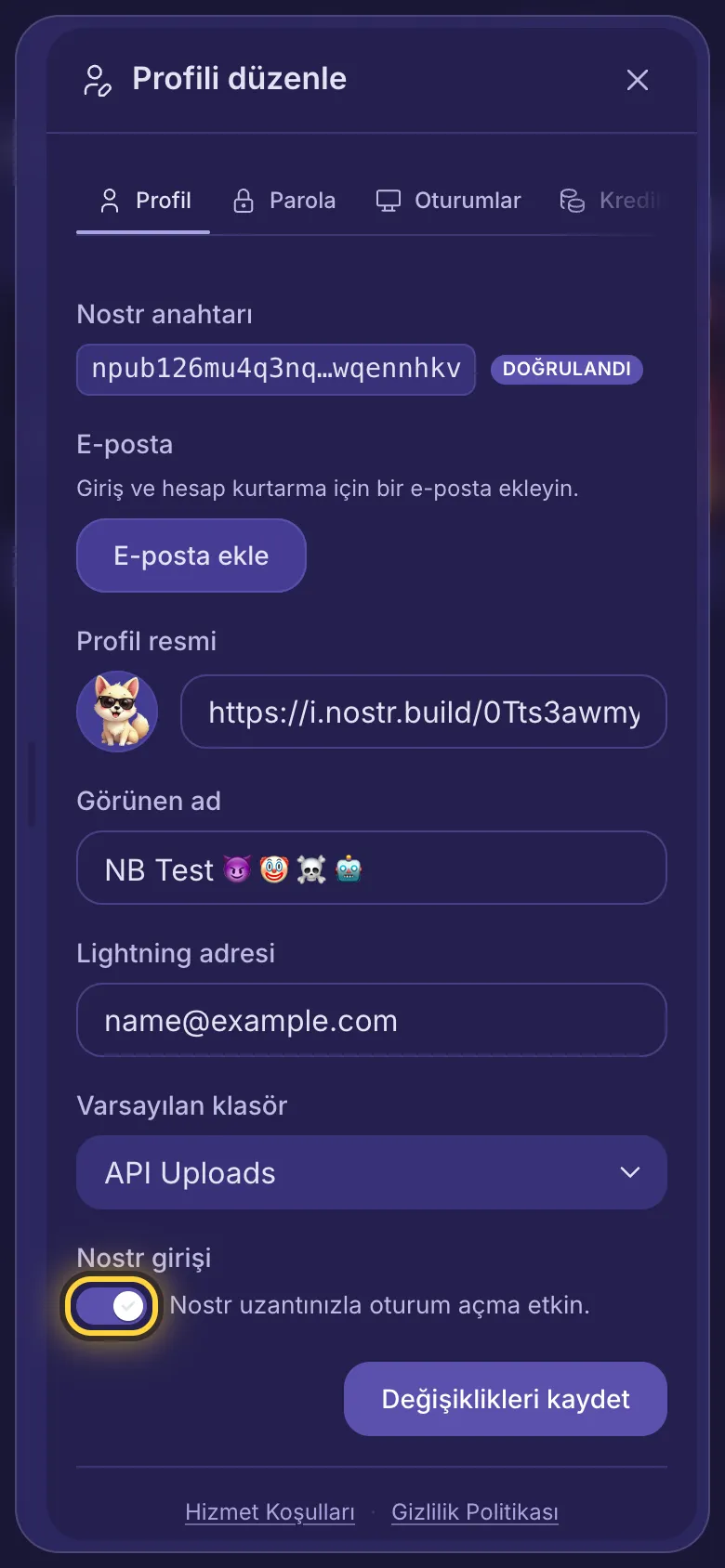 Profili düzenle ekranı; Nostr girişi düğmesi ve Değişiklikleri kaydet.