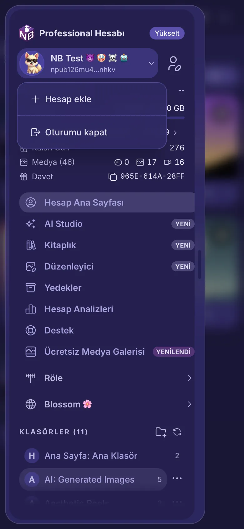 Adınızın altında açılmış hesap menüsü; diğer hesaplar, Hesap ekle ve Oturumu kapat.