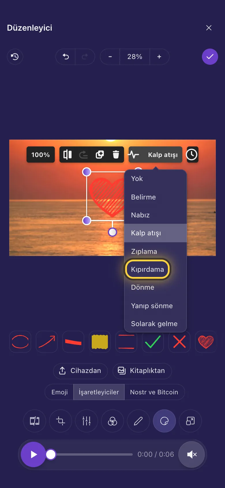 Bir kalp çıkartmasının üzerinde açık Animasyon listesi, Kıpırdama daire içine alınmış
