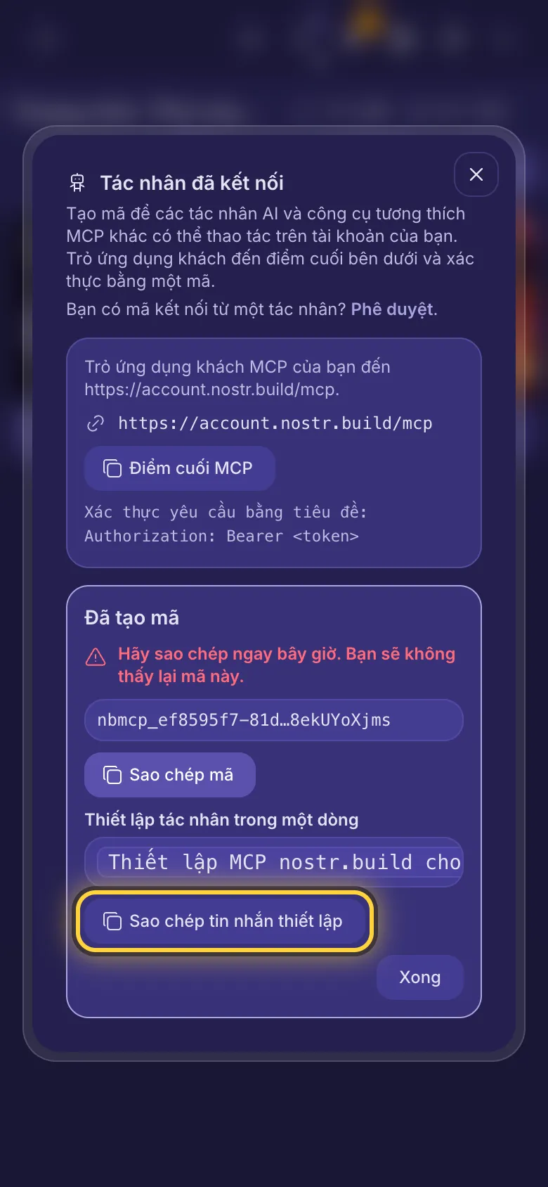 Đã tạo mã: mã, nút sao chép và tin nhắn thiết lập một dòng.