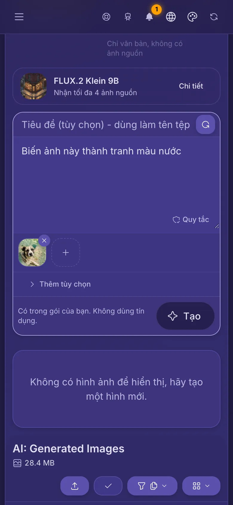 AI Studio với ảnh từ thư viện đã được đính kèm sẵn bên dưới câu lệnh.