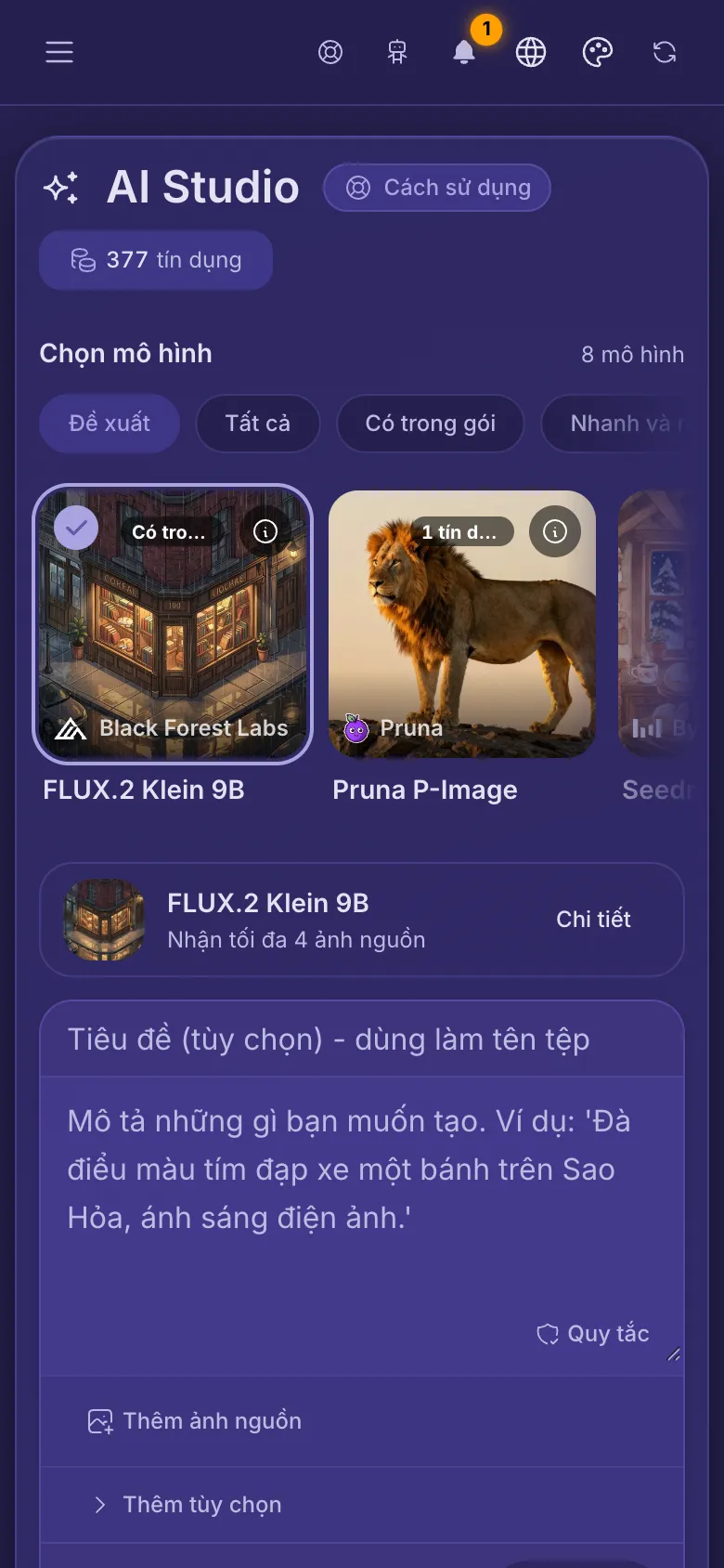 AI Studio trên điện thoại: các mô hình ở trên cùng, ô nhập câu lệnh và nút Tạo.