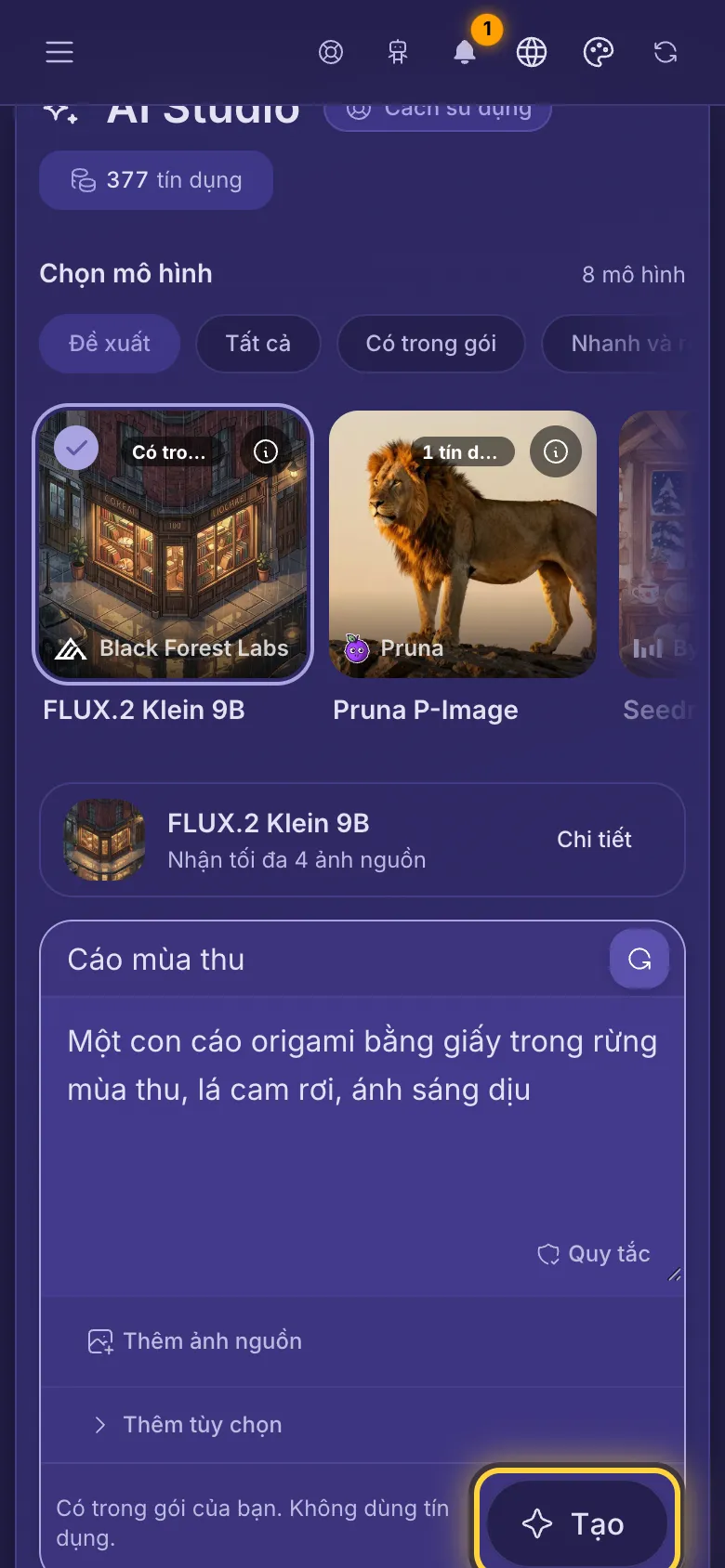 Một câu lệnh đã nhập trong ô, dòng giá và nút Tạo.
