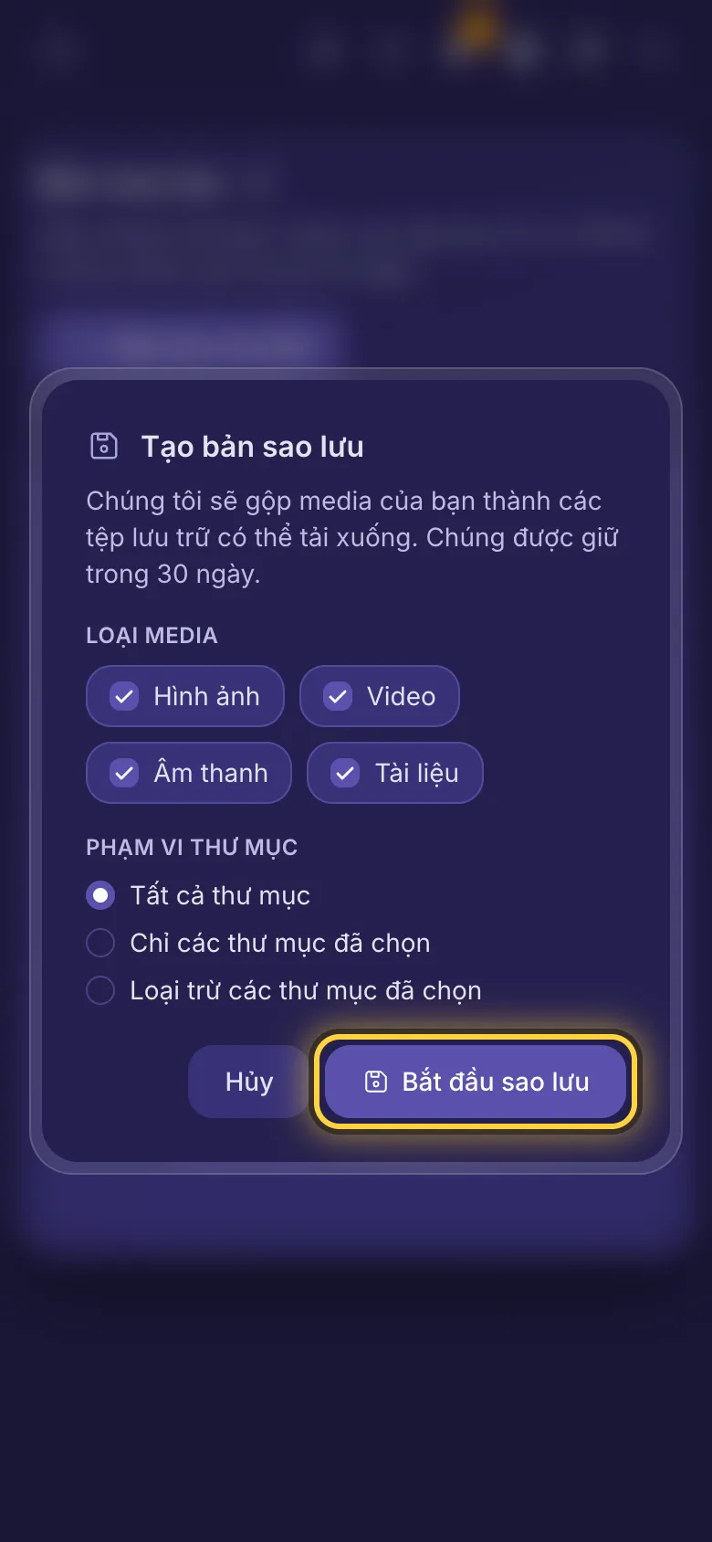 Tạo bản sao lưu: các loại media cần đưa vào và những thư mục nào.